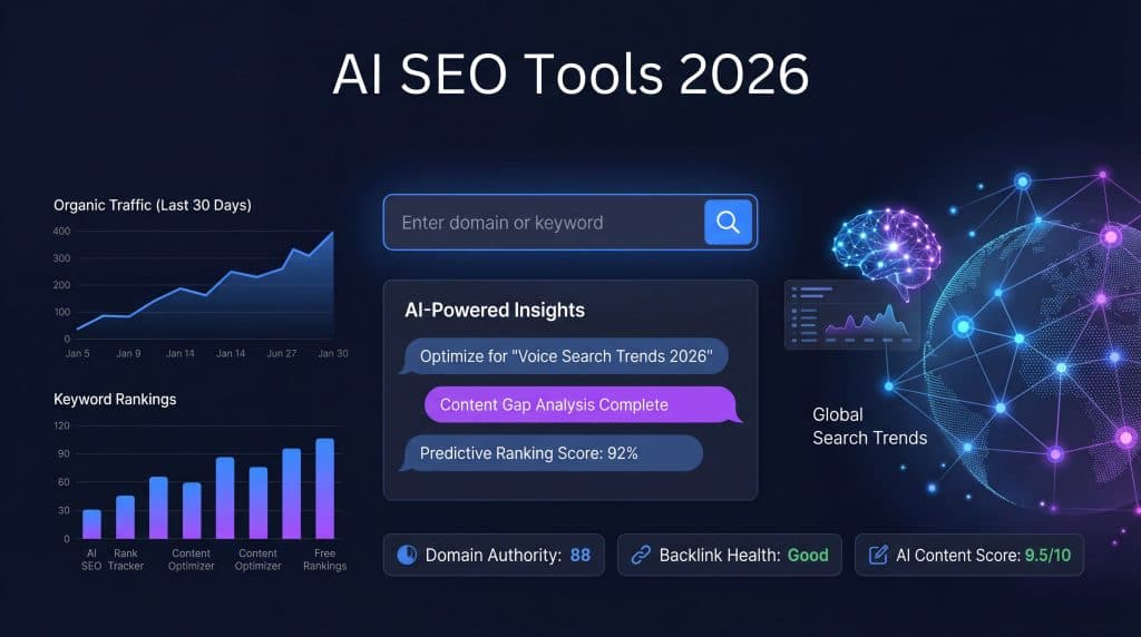 Best AI SEO tools comparison dashboard showing analytics and ranking data for 2026