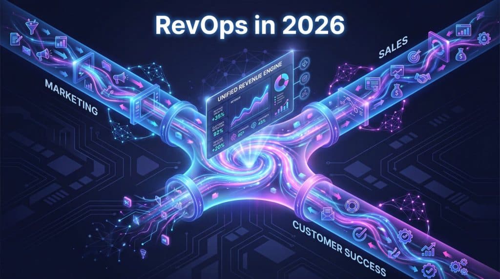RevOps revenue operations in 2026 concept showing marketing, sales, and customer success unified into one connected revenue engine with AI