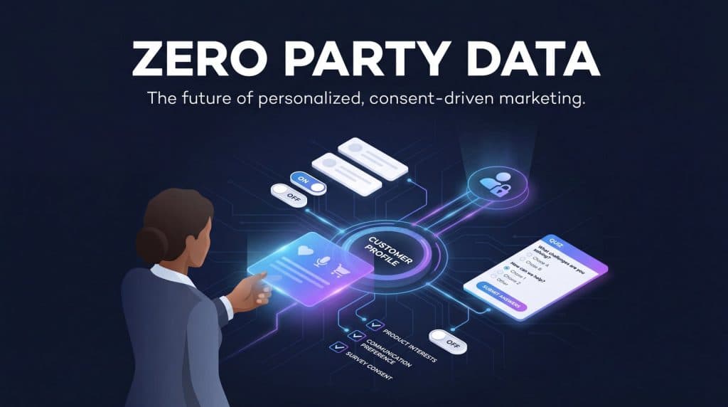 Zero party data 2026 guide blog header showing privacy-first marketing data collection in MarqOps brand colors