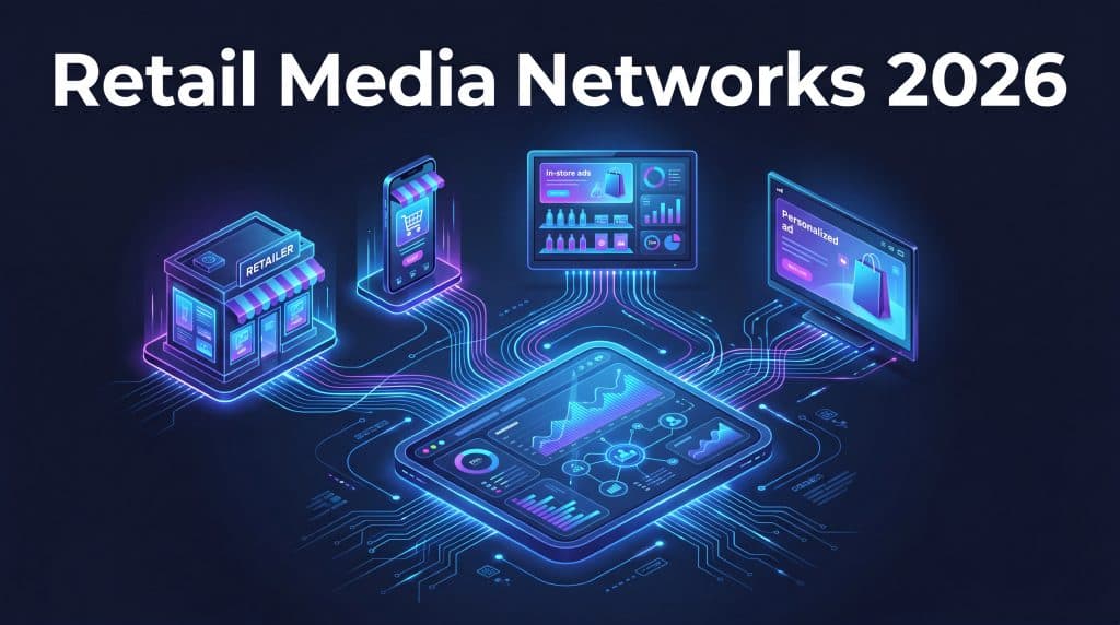 Retail media networks 2026 guide header showing unified advertising across retailer websites, in-store screens, and connected TV
