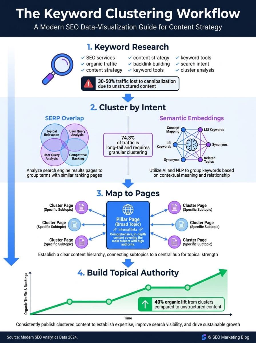 Keyword clustering workflow infographic showing the path from keyword research to SERP and semantic clustering to pillar and cluster pages that build topical authority