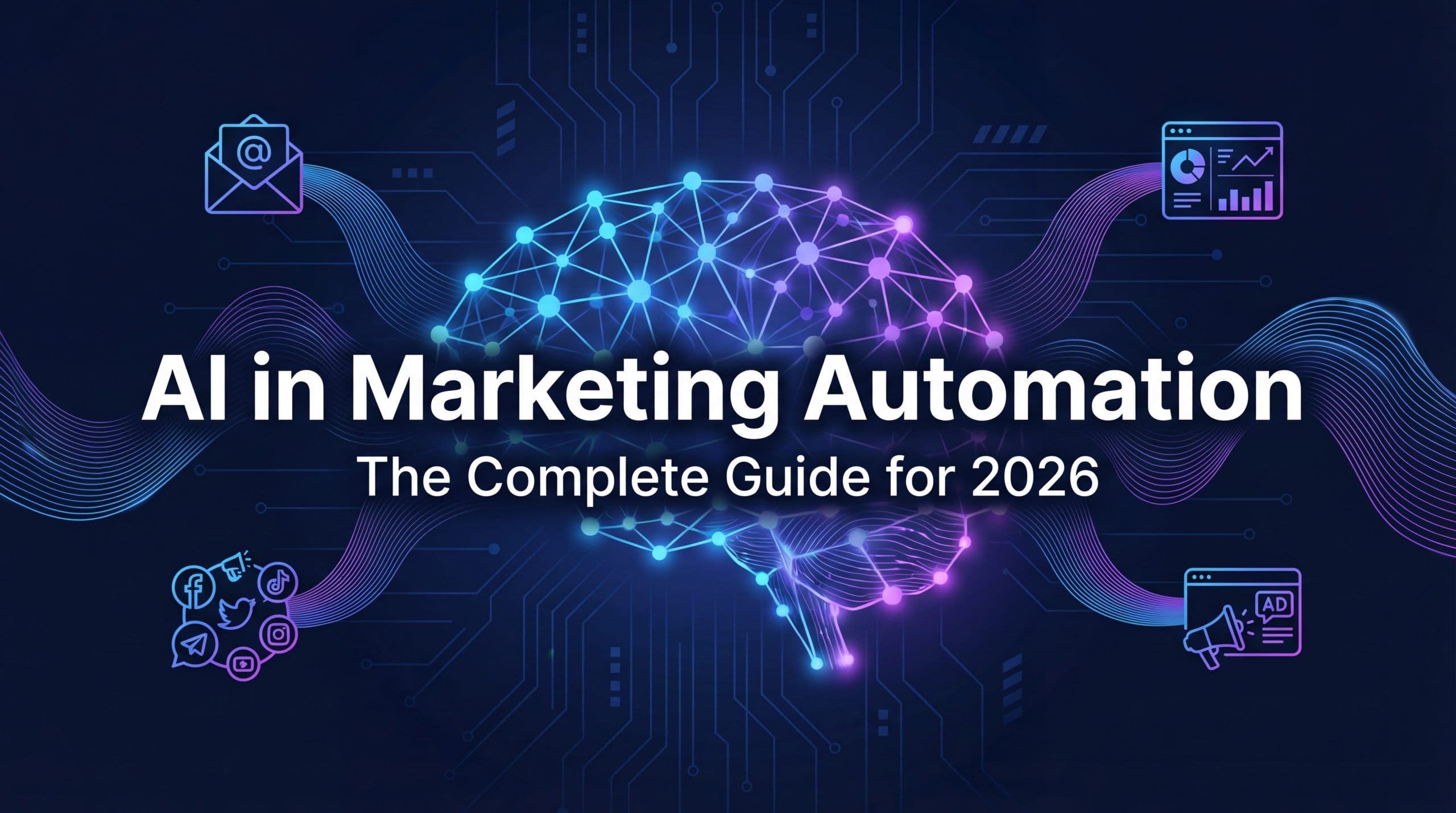 AI in marketing automation - complete guide showing AI-powered campaign optimization and analytics dashboard