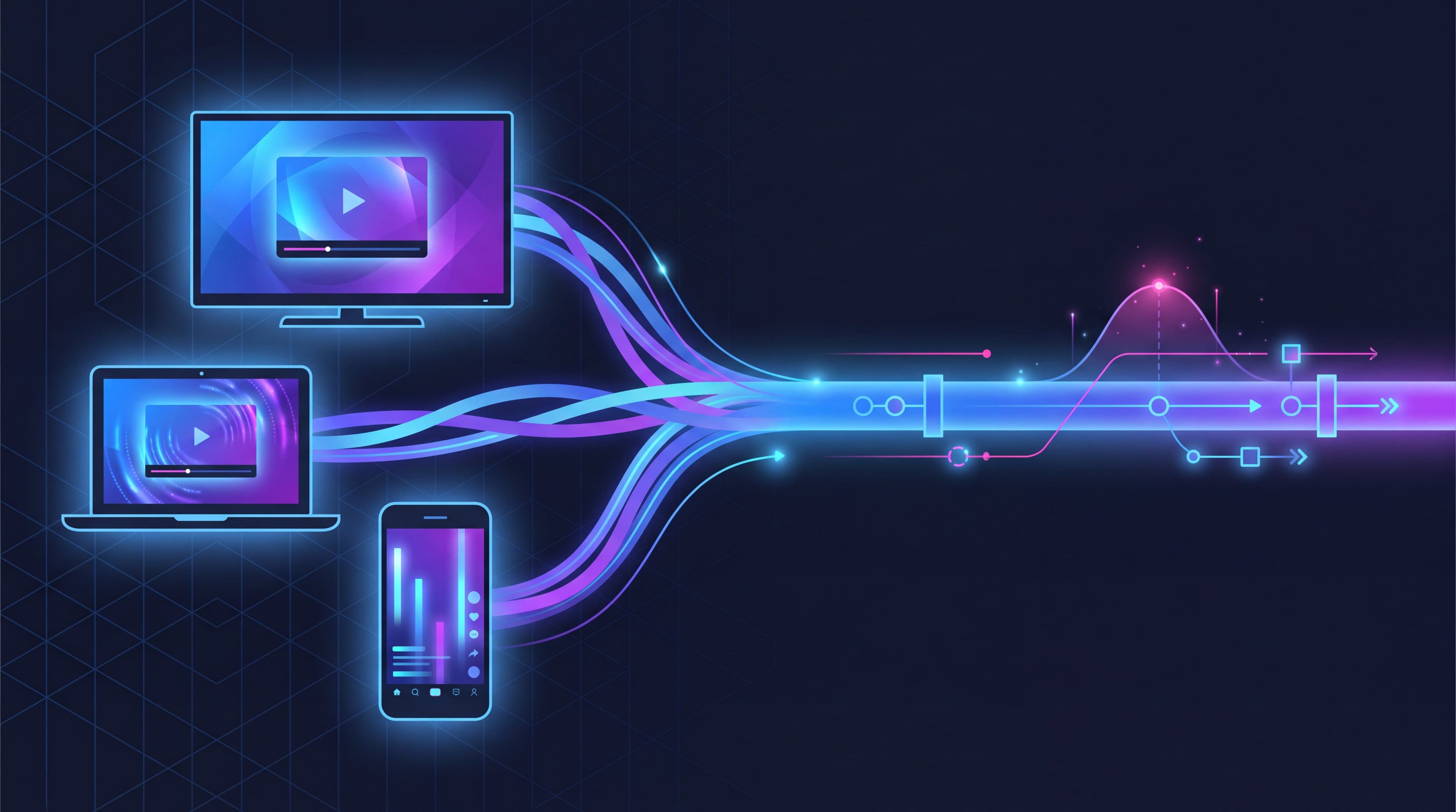 YouTube advertising in 2026 concept showing a dark navy living room television screen, a laptop and a vertical phone feed all fed by a single glowing blue and purple automation layer labelled bidding, audiences and creative, illustrating how connected TV, standard video and Shorts inventory are bought through one automated Google Ads pipeline