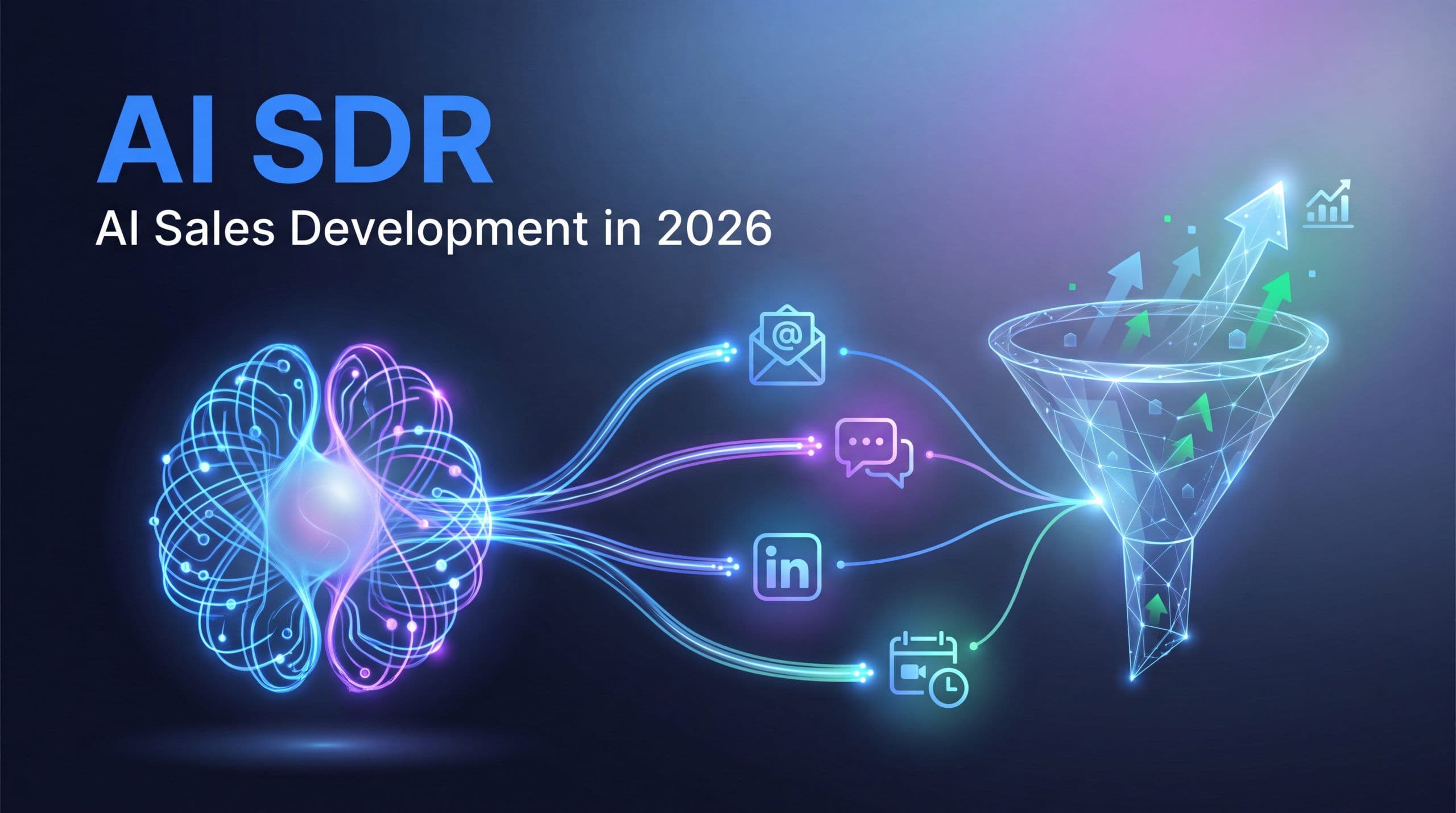 AI SDR concept illustration showing an AI sales development agent automating prospecting and outreach for revenue teams in 2026