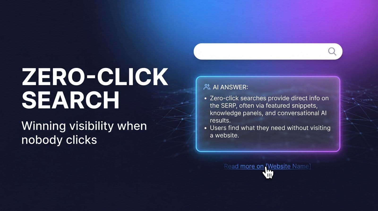 Zero-click search 2026 concept: a Google search results page answering a query directly with an AI Overview so the user never clicks through, in MarqOps blue and purple brand colors