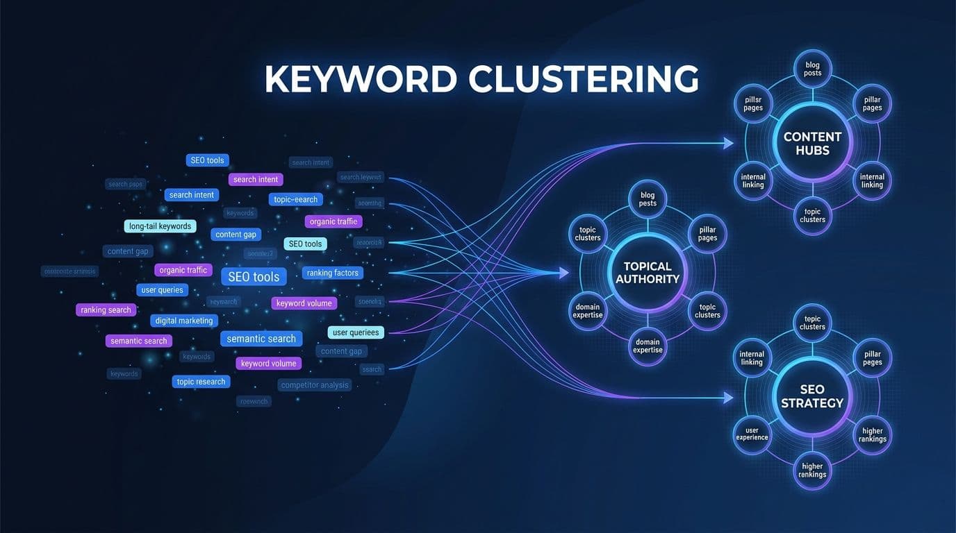 Keyword clustering concept showing scattered keywords being grouped into organized topic clusters that build topical authority, in MarqOps brand blue and purple