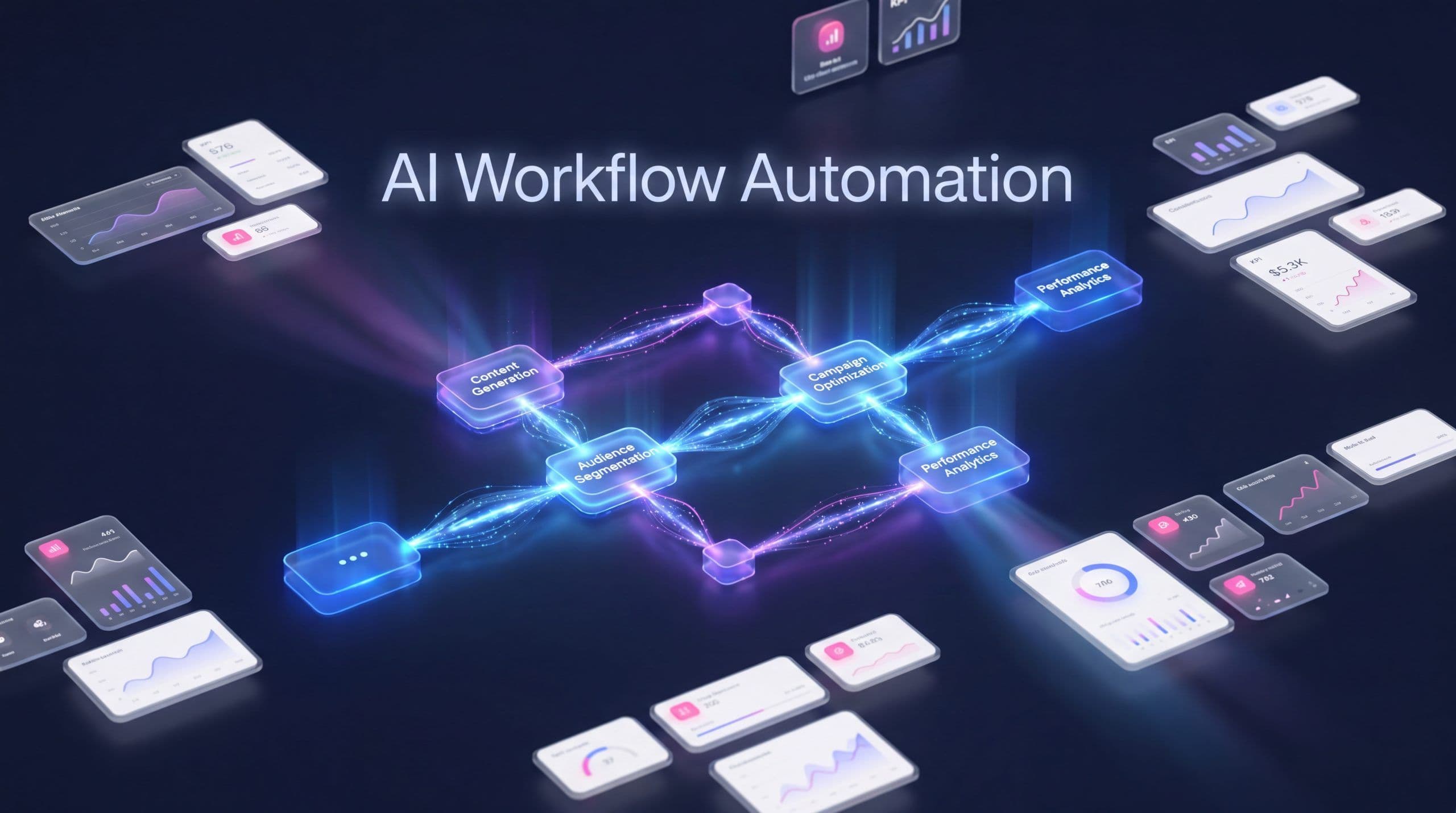 AI workflow automation flowchart with autonomous agents and marketing data streams