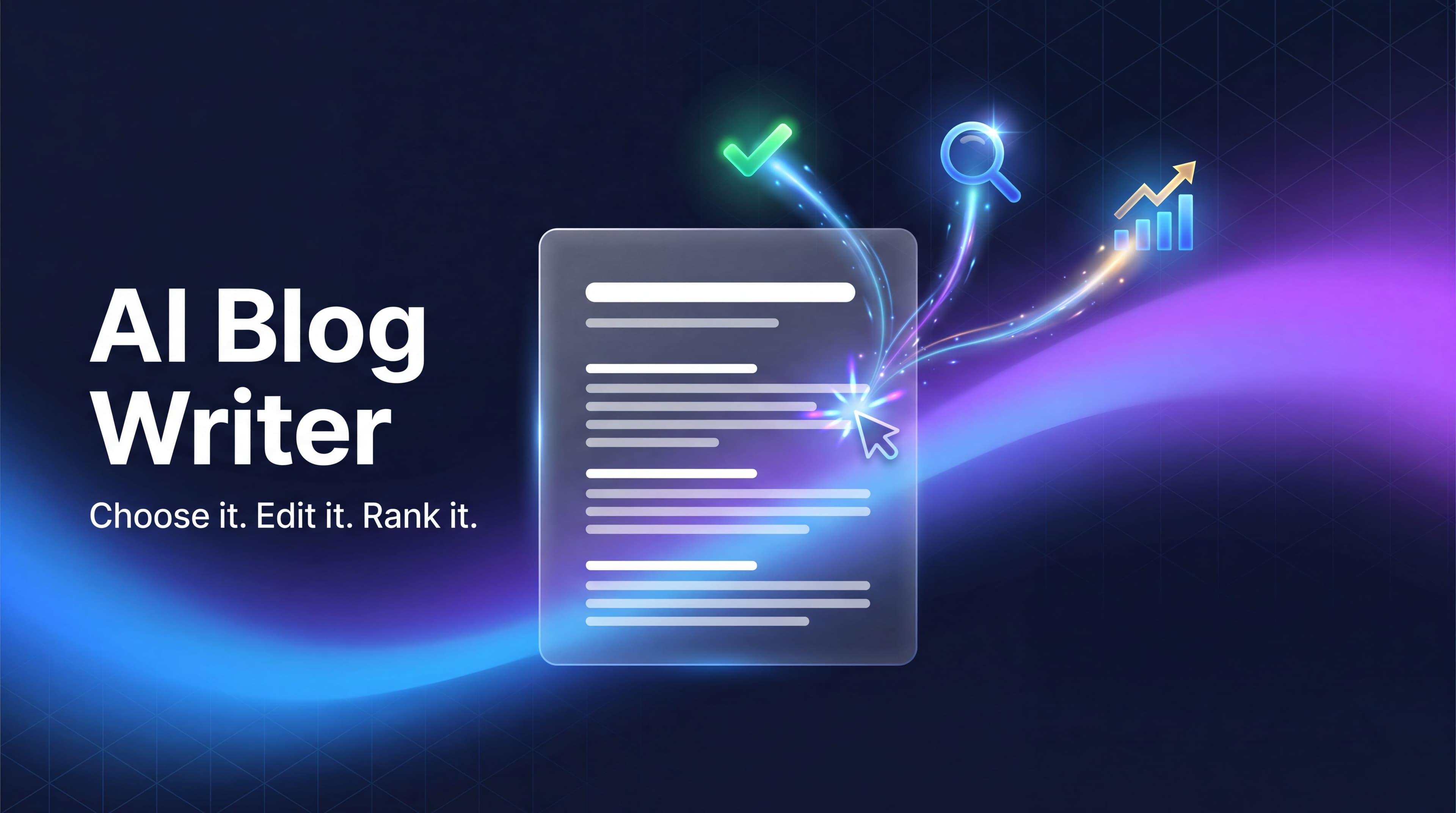 AI blog writer header graphic with article page, checkmark and rising chart on a navy and purple gradient
