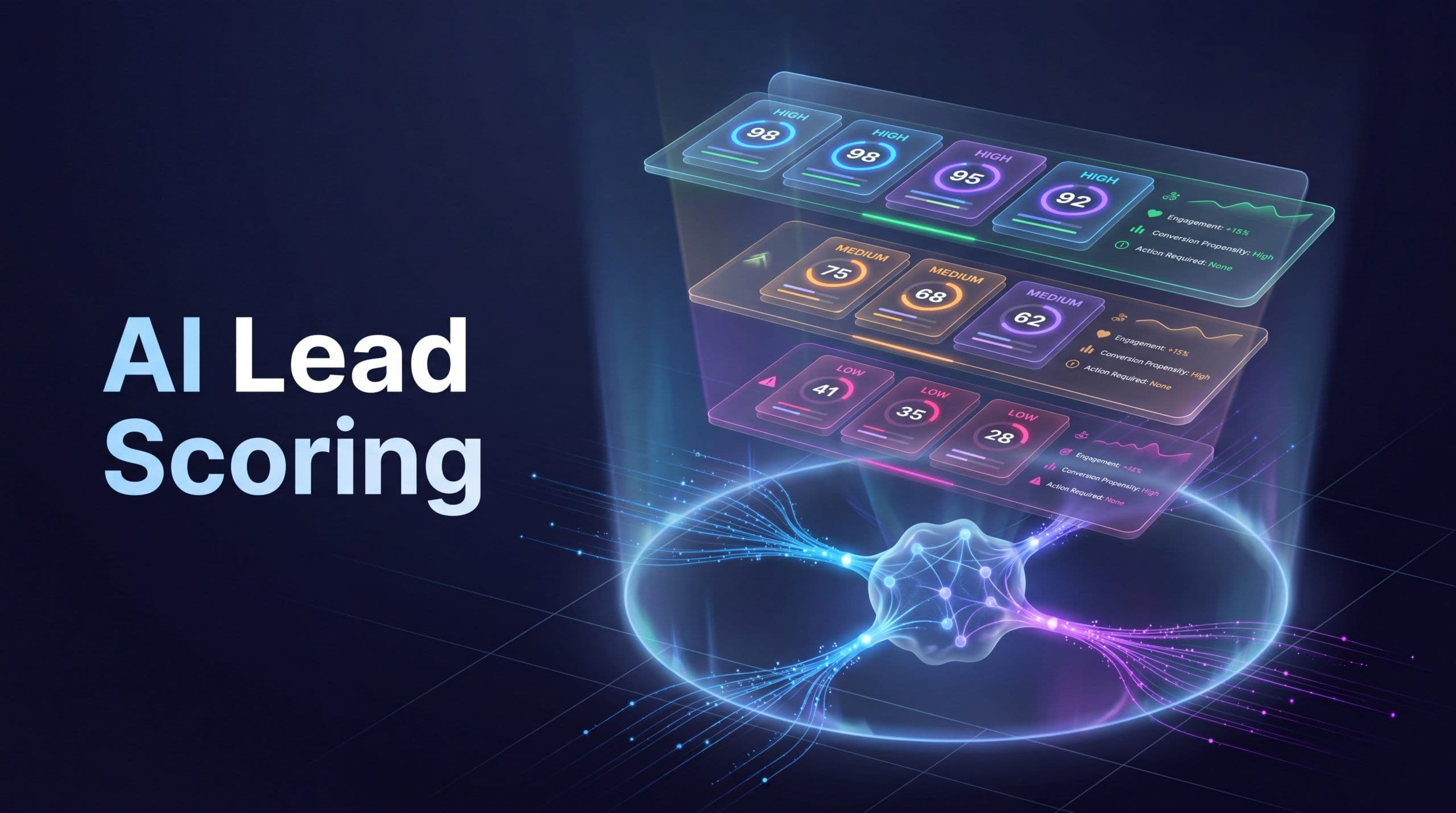 AI lead scoring dashboard concept showing prospect ranking, machine learning signals, and unified marketing data flow in MarqOps brand colors