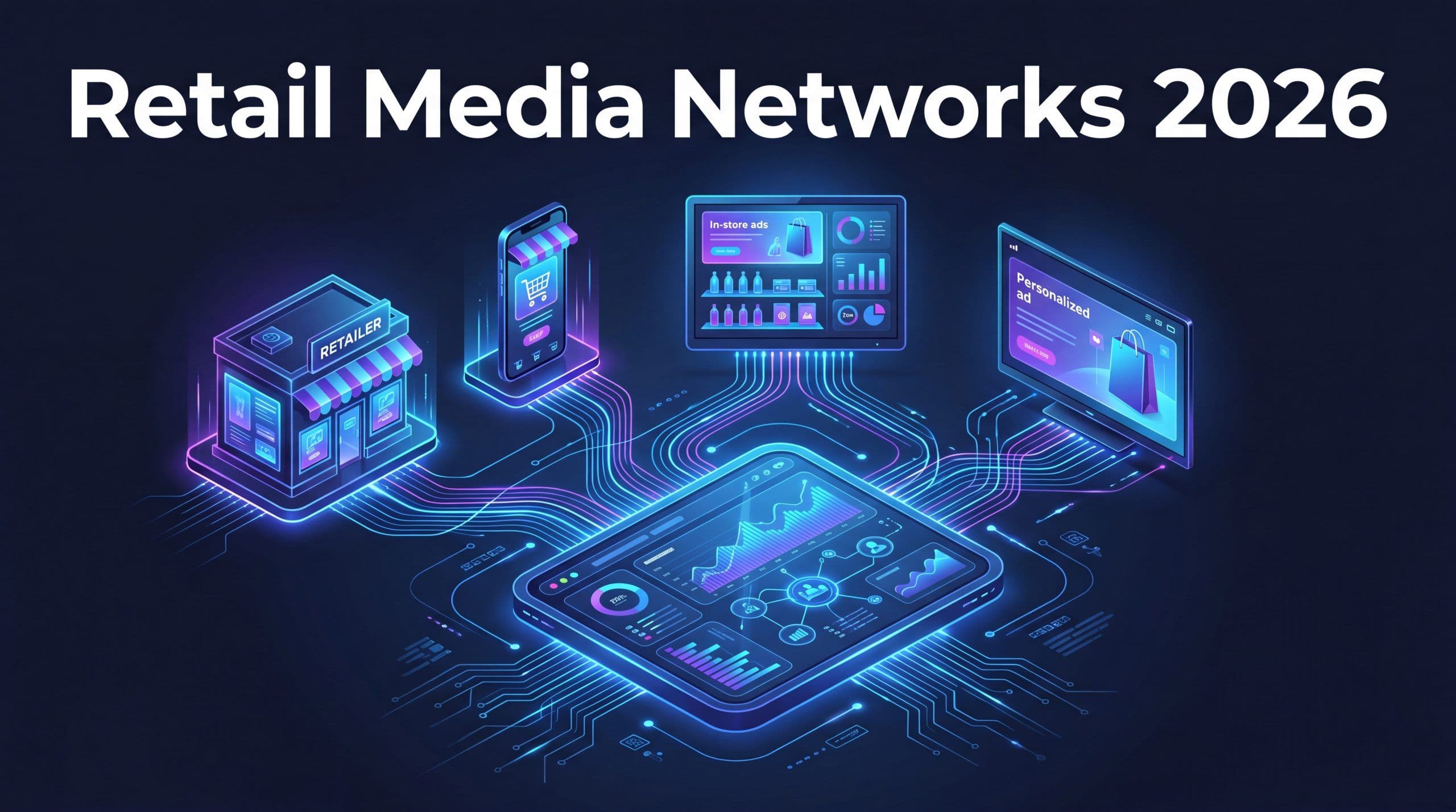 Retail media networks 2026 guide header showing unified advertising across retailer websites, in-store screens, and connected TV