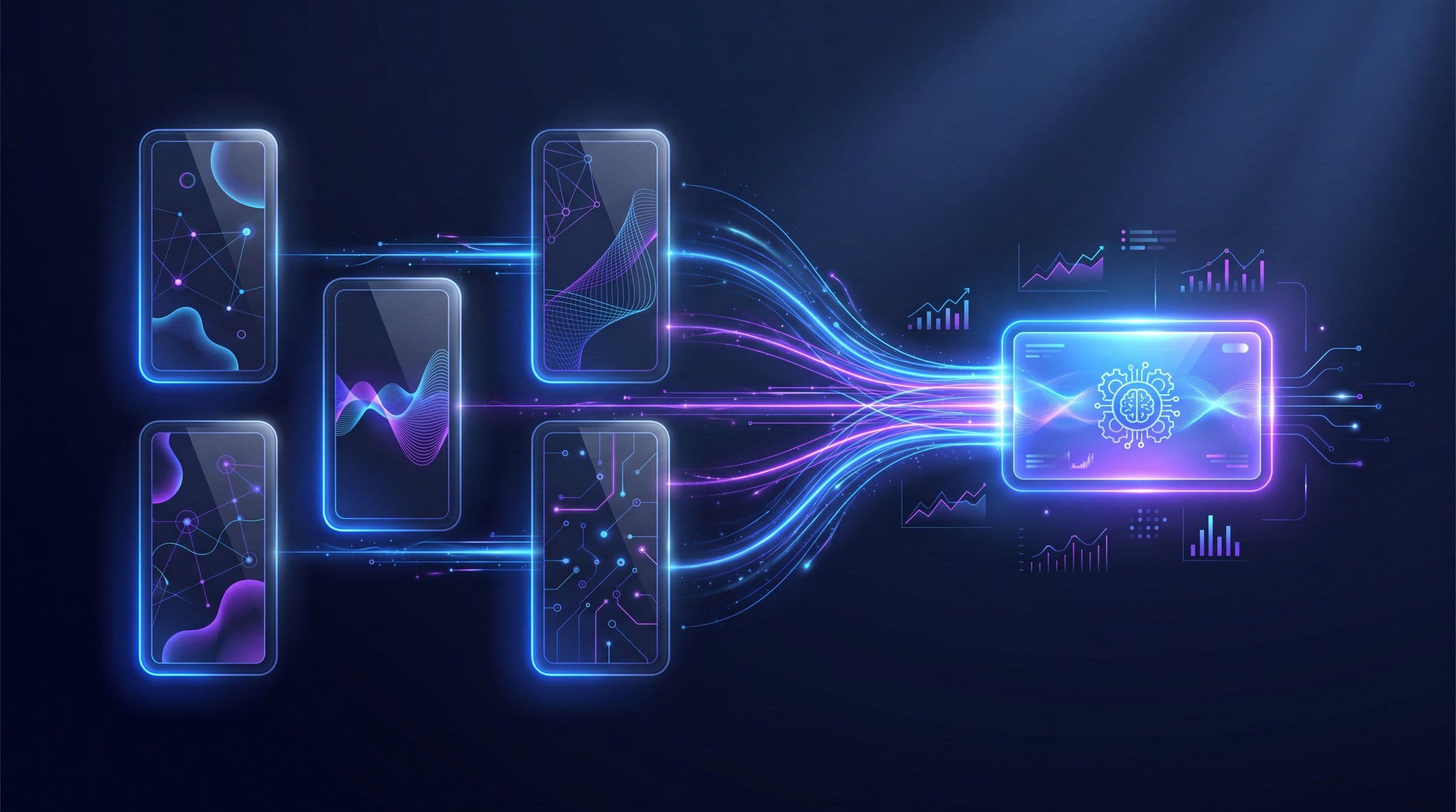 TikTok ads in 2026 concept showing a dark navy vertical video feed of 9:16 ad frames flowing into a single glowing blue and purple automation layer labelled with bidding, targeting and creative, illustrating how Smart+ absorbed the manual levers of TikTok media buying