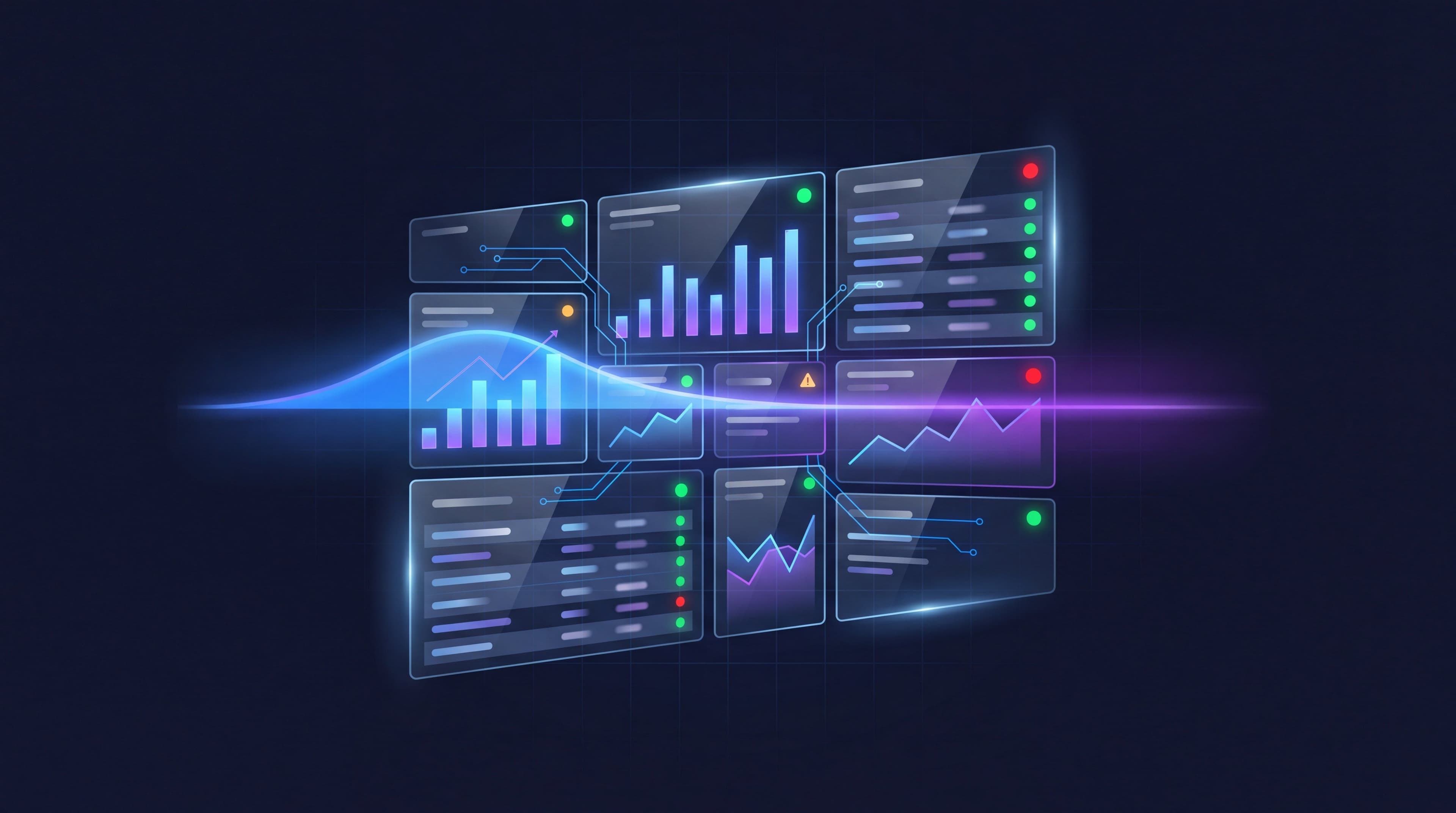 Google Ads audit concept showing a dark navy dashboard where a single glowing blue and purple diagnostic layer scans campaign, search term and conversion tracking panels, with amber and green traffic-light status markers flagging wasted spend and healthy signals across an automated Google Ads account