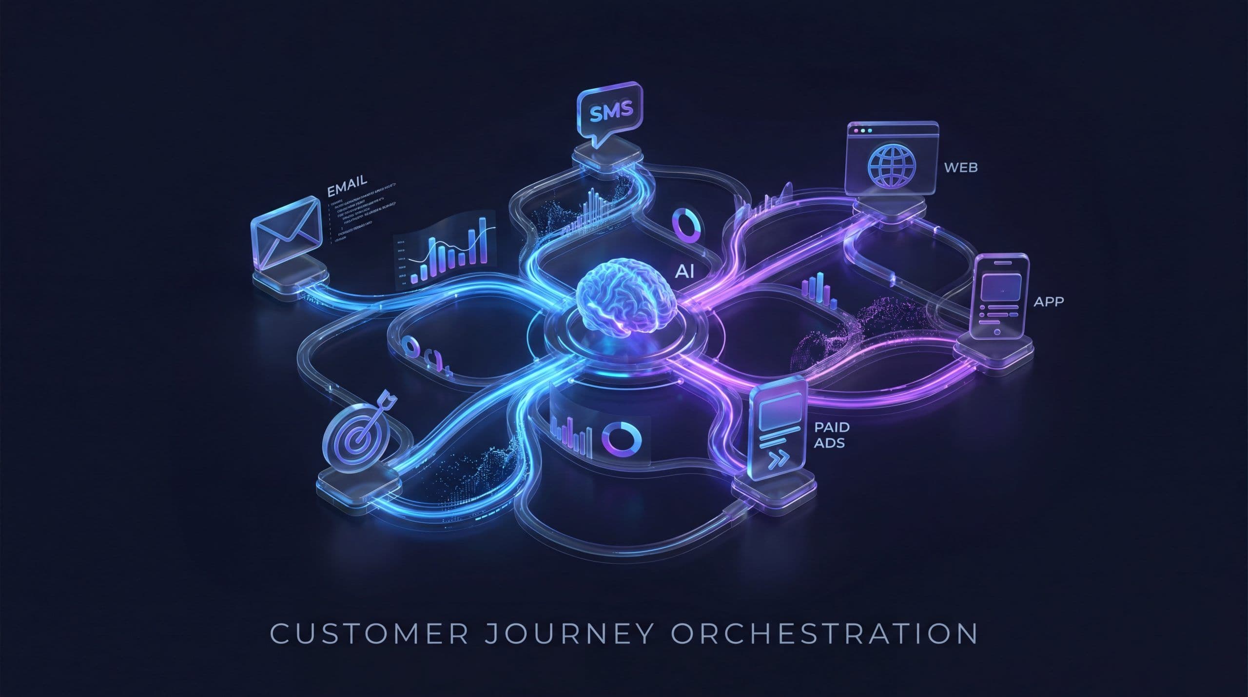 AI-powered customer journey orchestration dashboard with multi-channel data streams