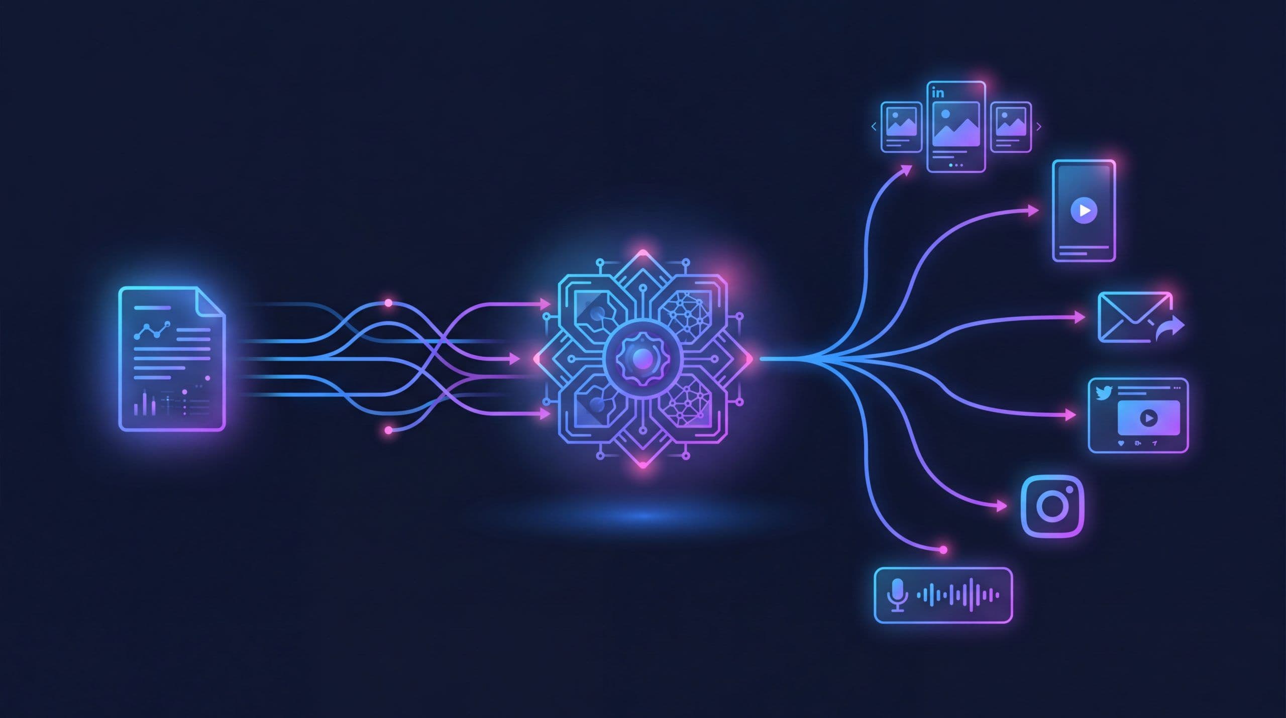 AI content repurposing workflow showing one source asset transforming into multiple channel formats
