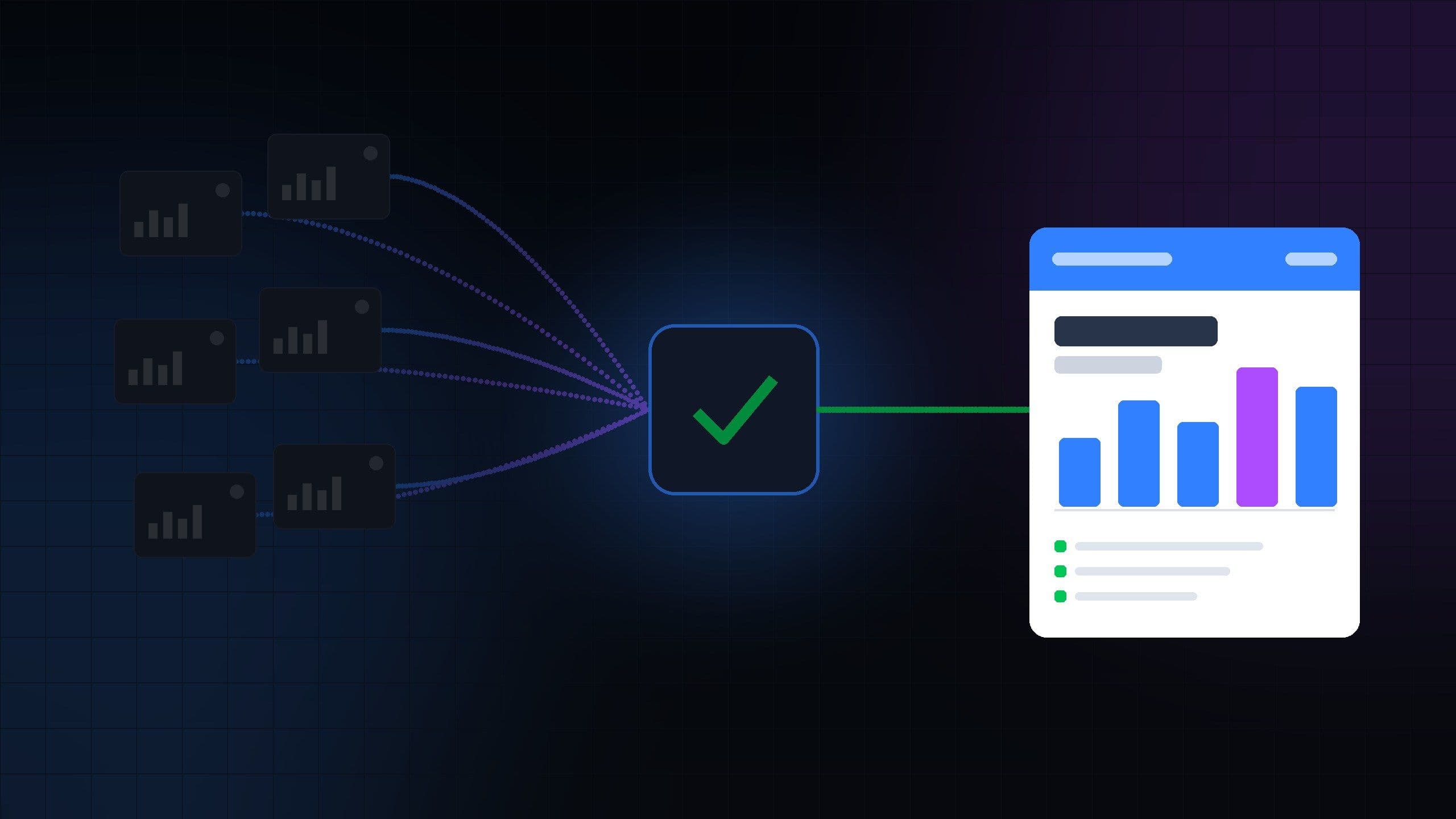 Fragmented marketing data sources converging through a verification gate into a single consolidated client report, in MarqOps brand colours