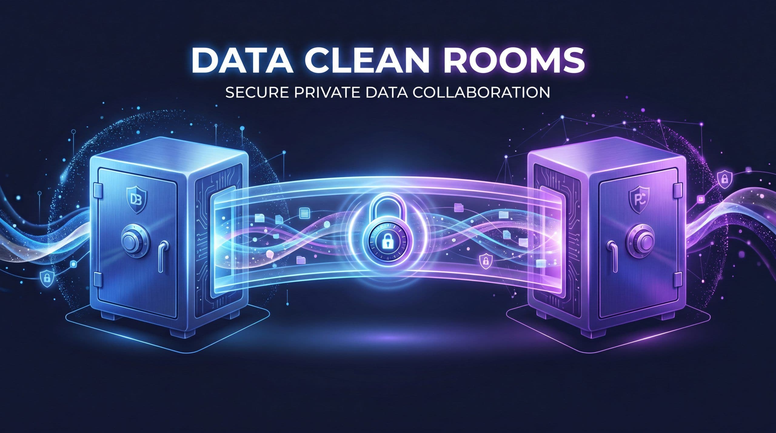 Data clean rooms concept showing secure privacy-first data collaboration between brand and partner with MarqOps brand colors