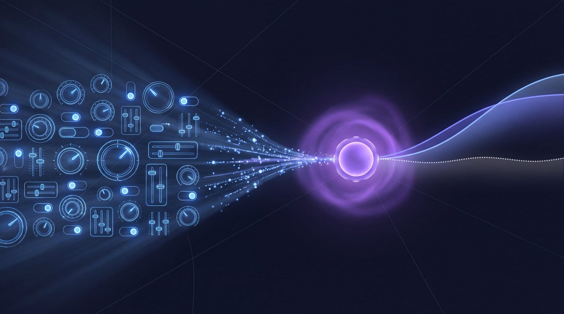 Meta Advantage+ AI advertising concept showing many individual campaign control dials and sliders in blue converging into a single automated optimization node in purple, with a reported performance curve rising above a flatter incremental performance curve