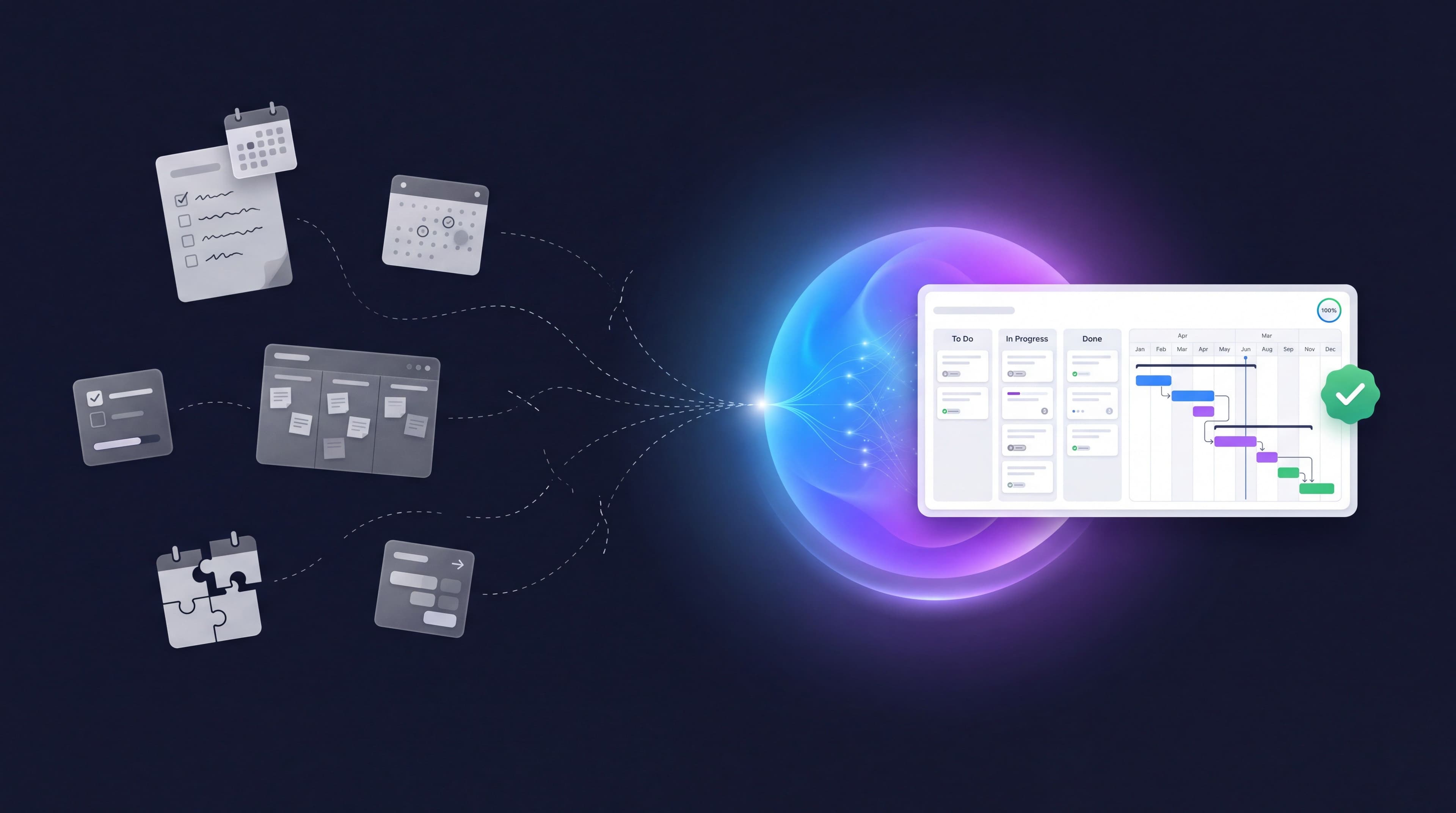 Marketing project management software: scattered task boards converging into one unified campaign dashboard, in MarqOps brand colors