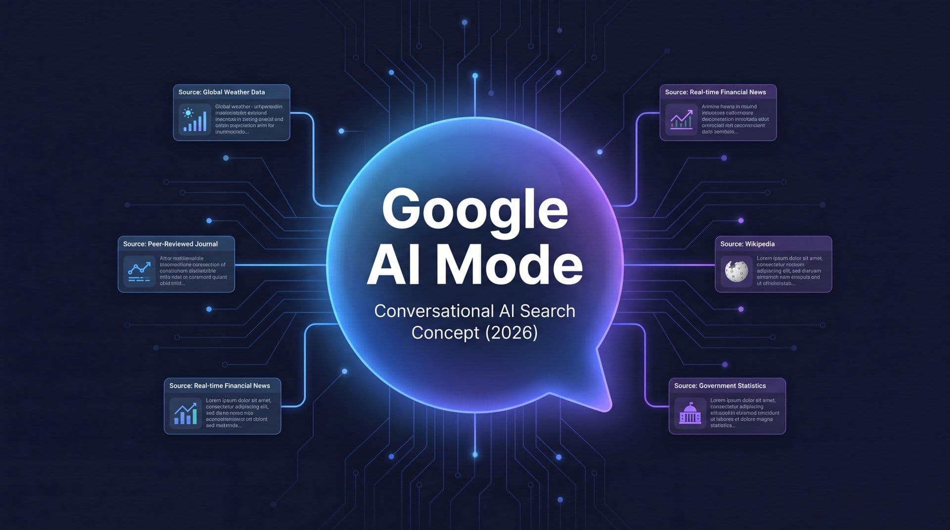 Google AI Mode 2026 guide - conversational AI search answering with cited sources in MarqOps brand colors