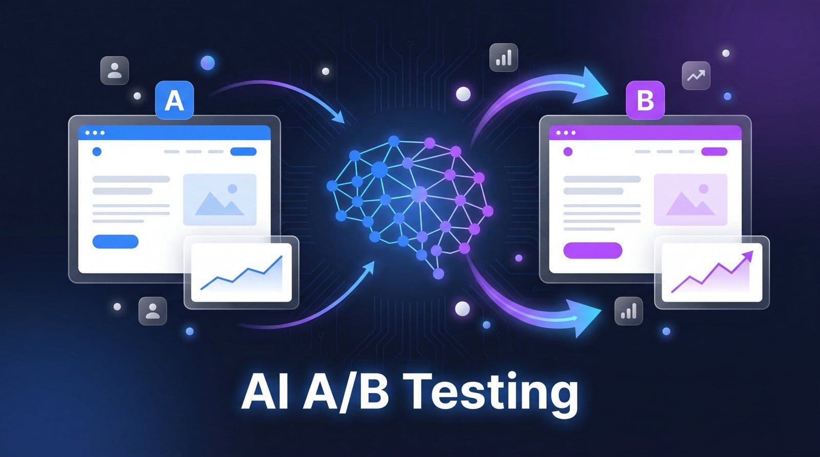 AI A/B testing dashboard concept with split-test variants and machine learning optimization in MarqOps brand colors