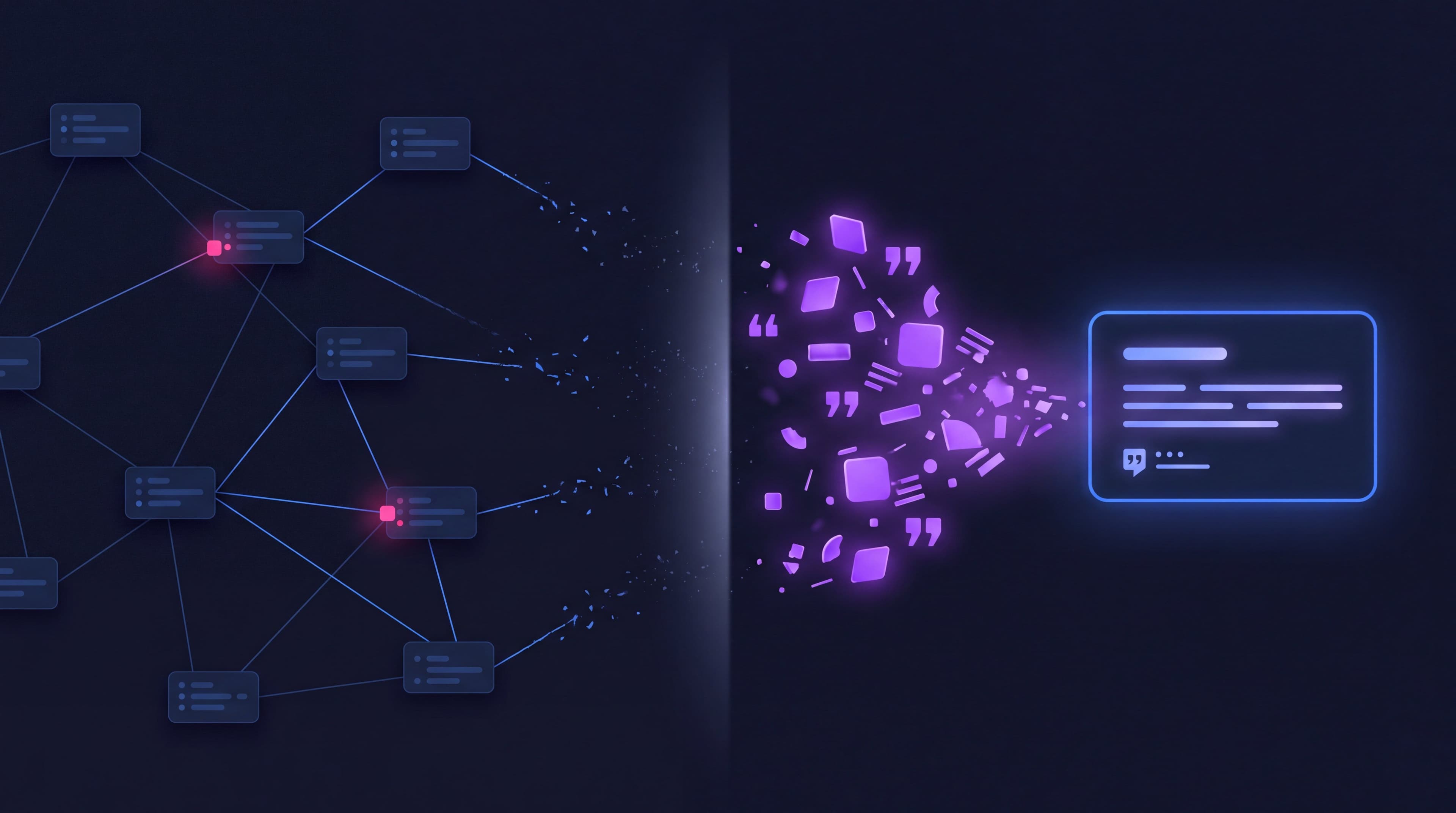 Link building in 2026 concept showing a dark navy network of website nodes connected by fading blue link lines, with brighter purple brand mention signals traveling toward an AI answer panel, illustrating that mentions now outweigh backlinks for AI search visibility