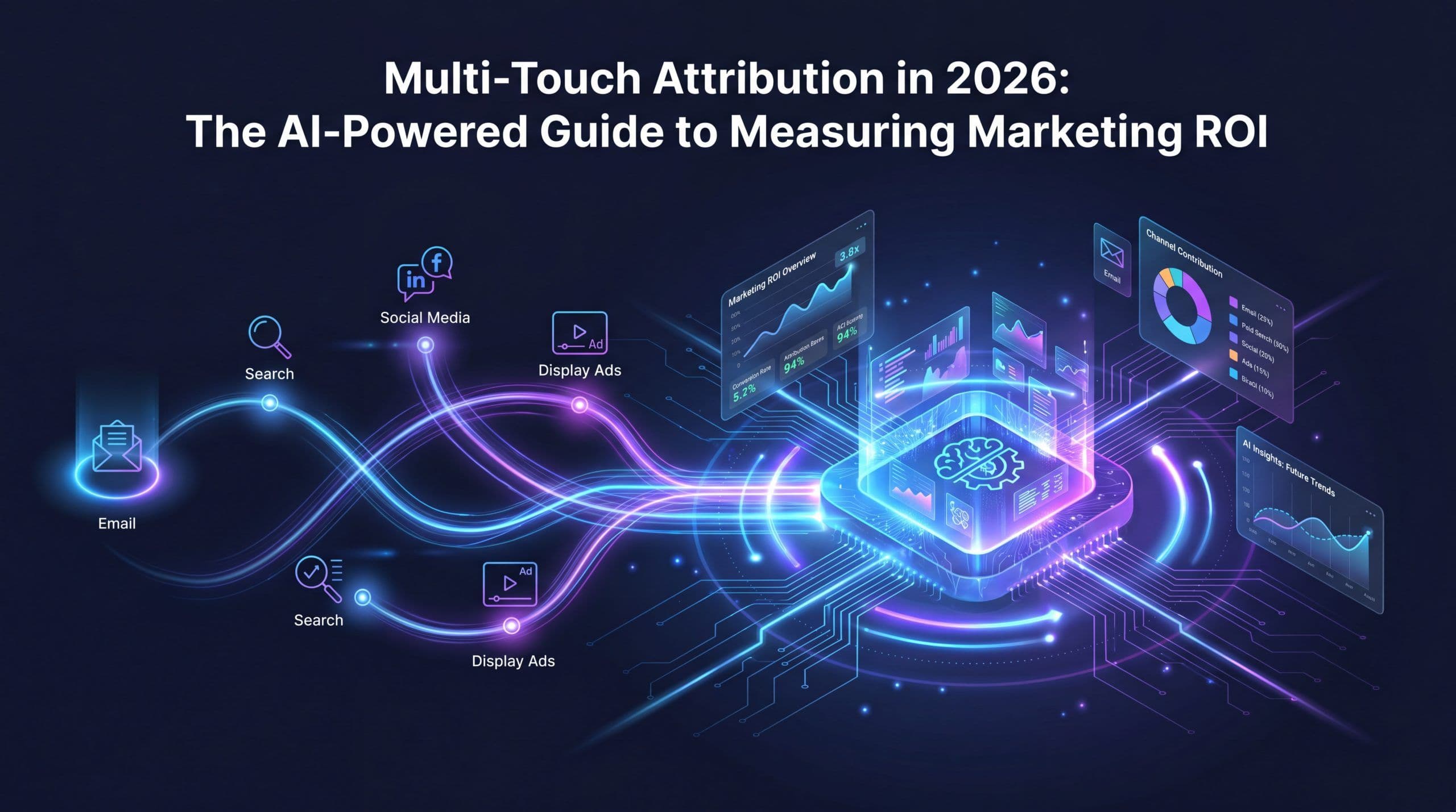Multi-touch attribution dashboard showing marketing ROI across channels