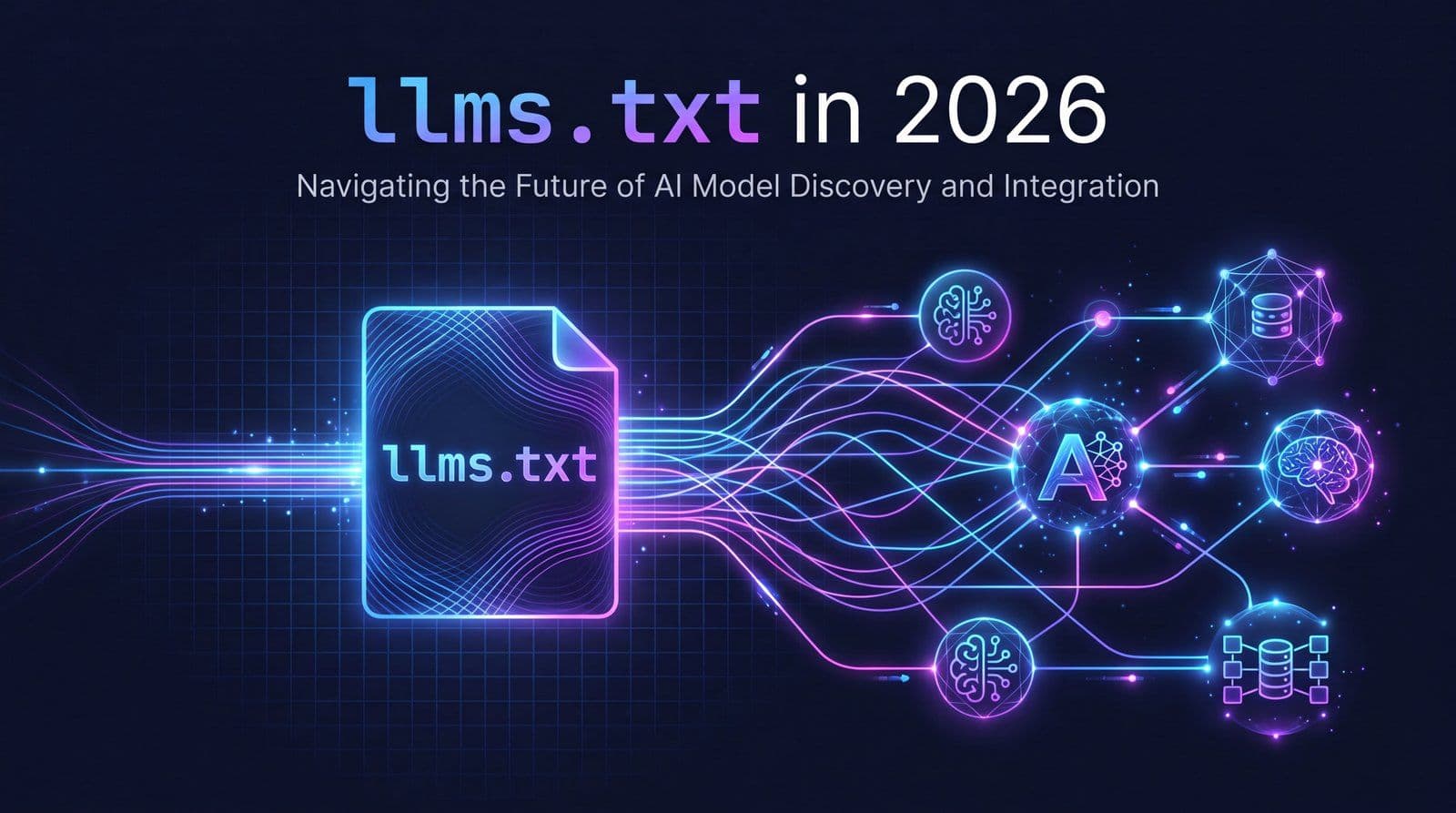 llms.txt file concept for AI search visibility in 2026 with MarqOps brand colors