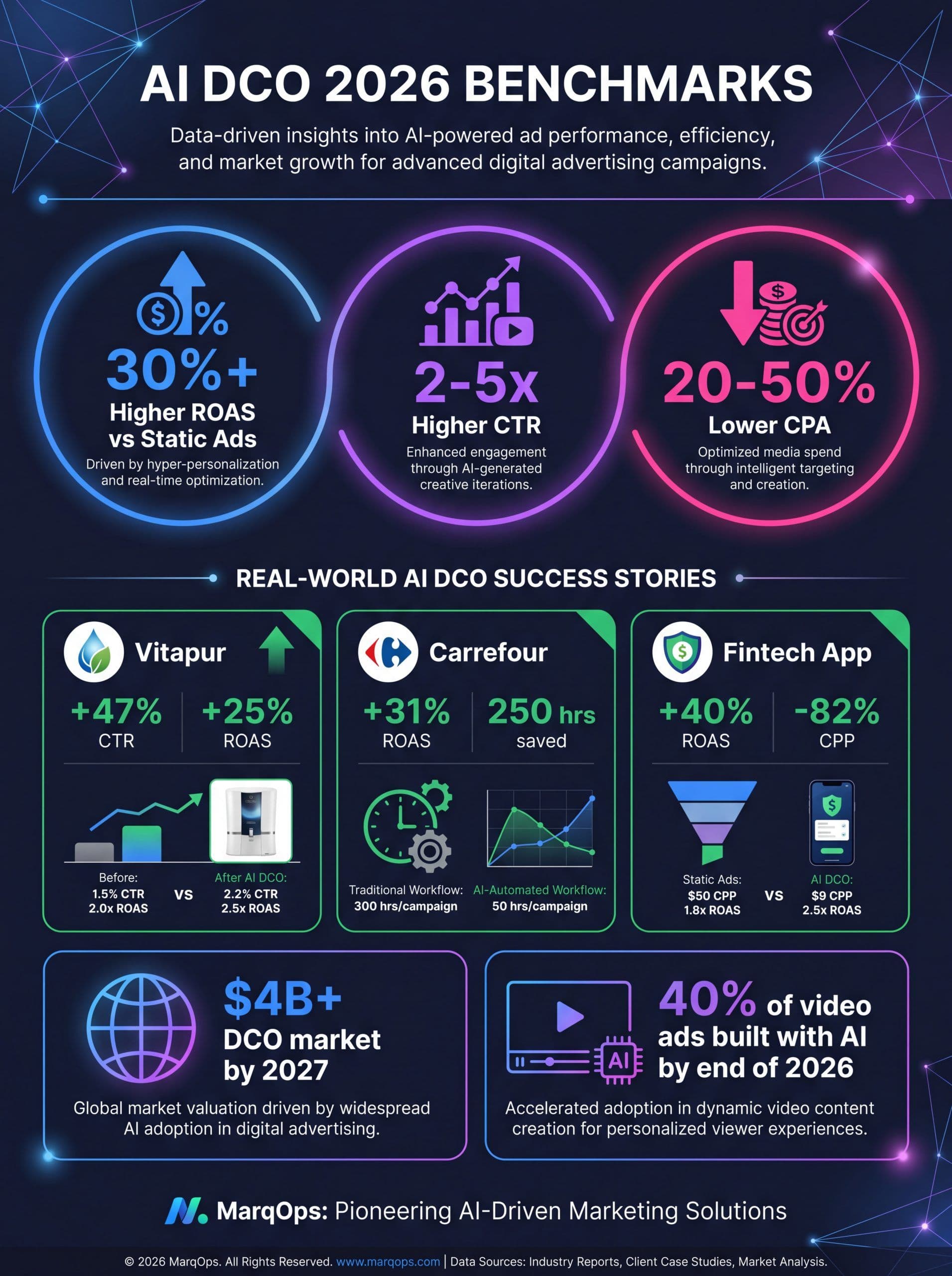 AI Dynamic Creative Optimization performance benchmarks infographic showing CTR, ROAS, and CPA improvements