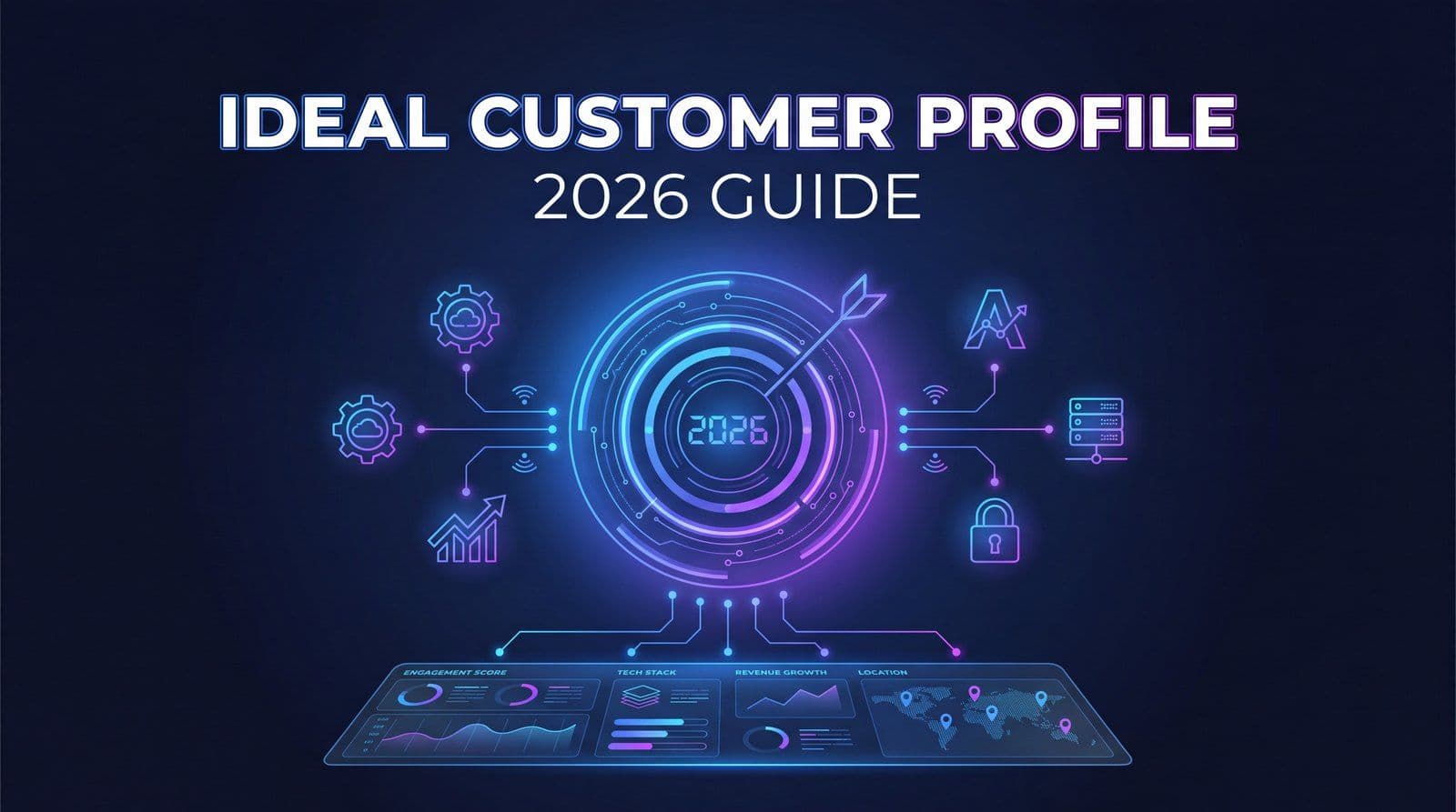 Ideal Customer Profile 2026 guide featured image showing a brand-intelligent ICP targeting system in MarqOps blue and purple