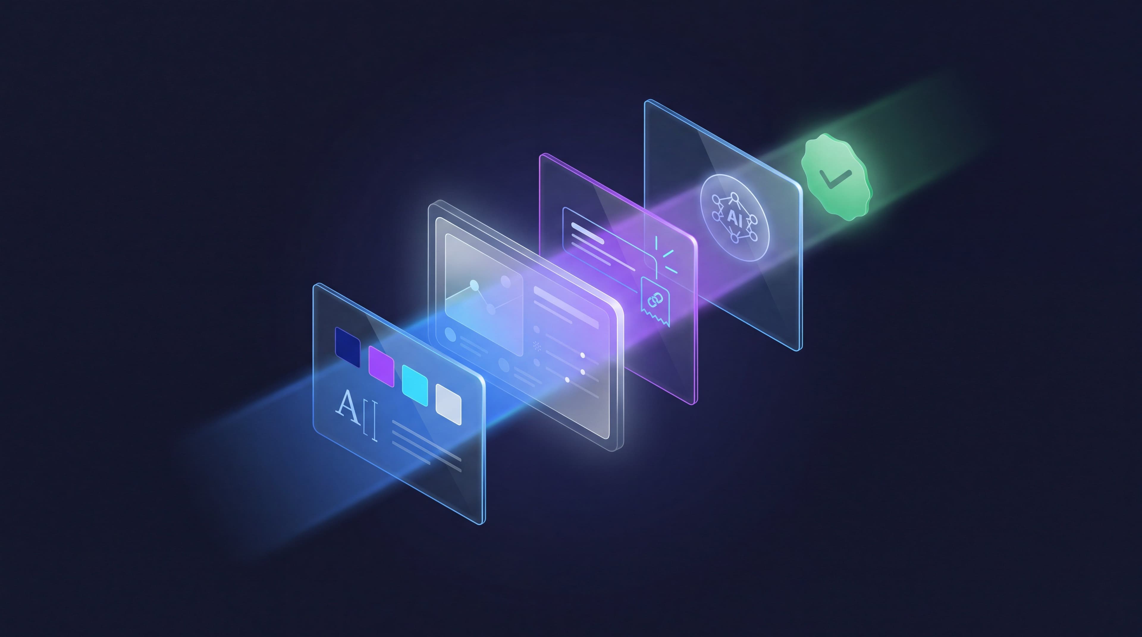 A marketing asset moving through a brand compliance review, checked against brand standards, source evidence, and AI disclosure rules before approval
