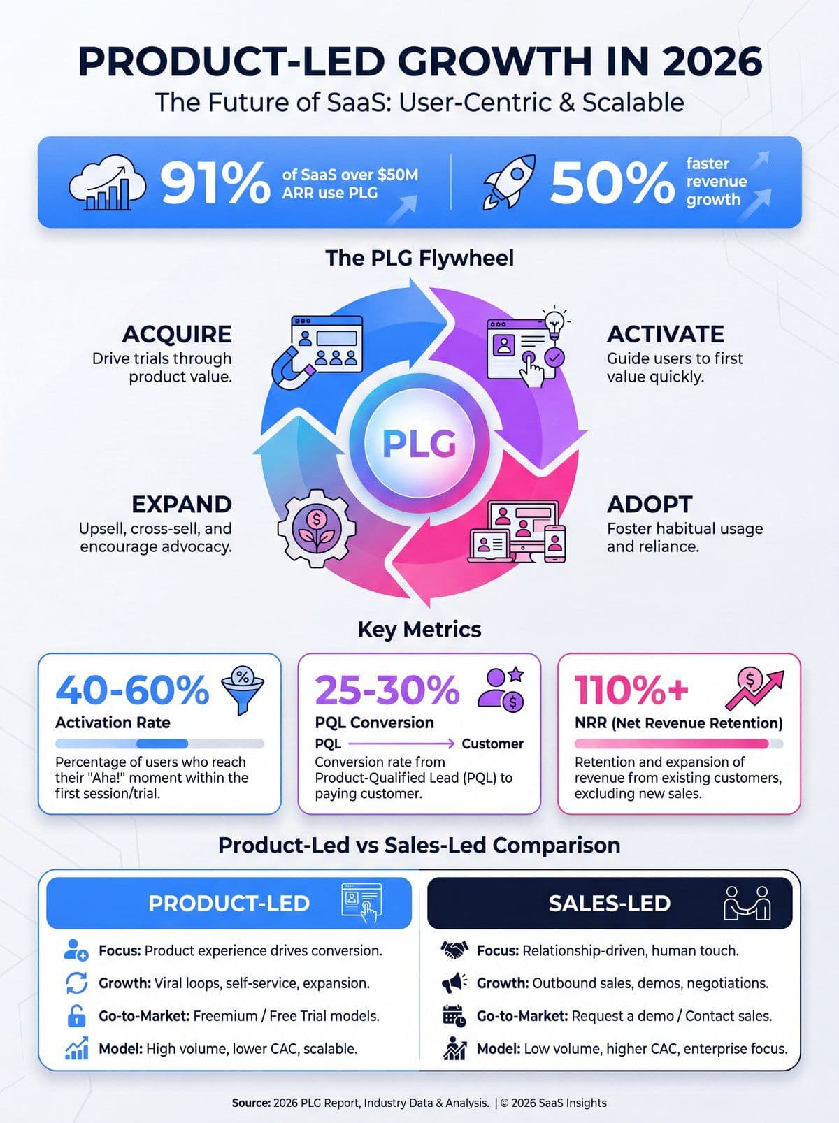 Product-led growth 2026 infographic showing PLG adoption stats, the flywheel, key metrics like activation rate and NRR, and PLG vs sales-led growth comparison