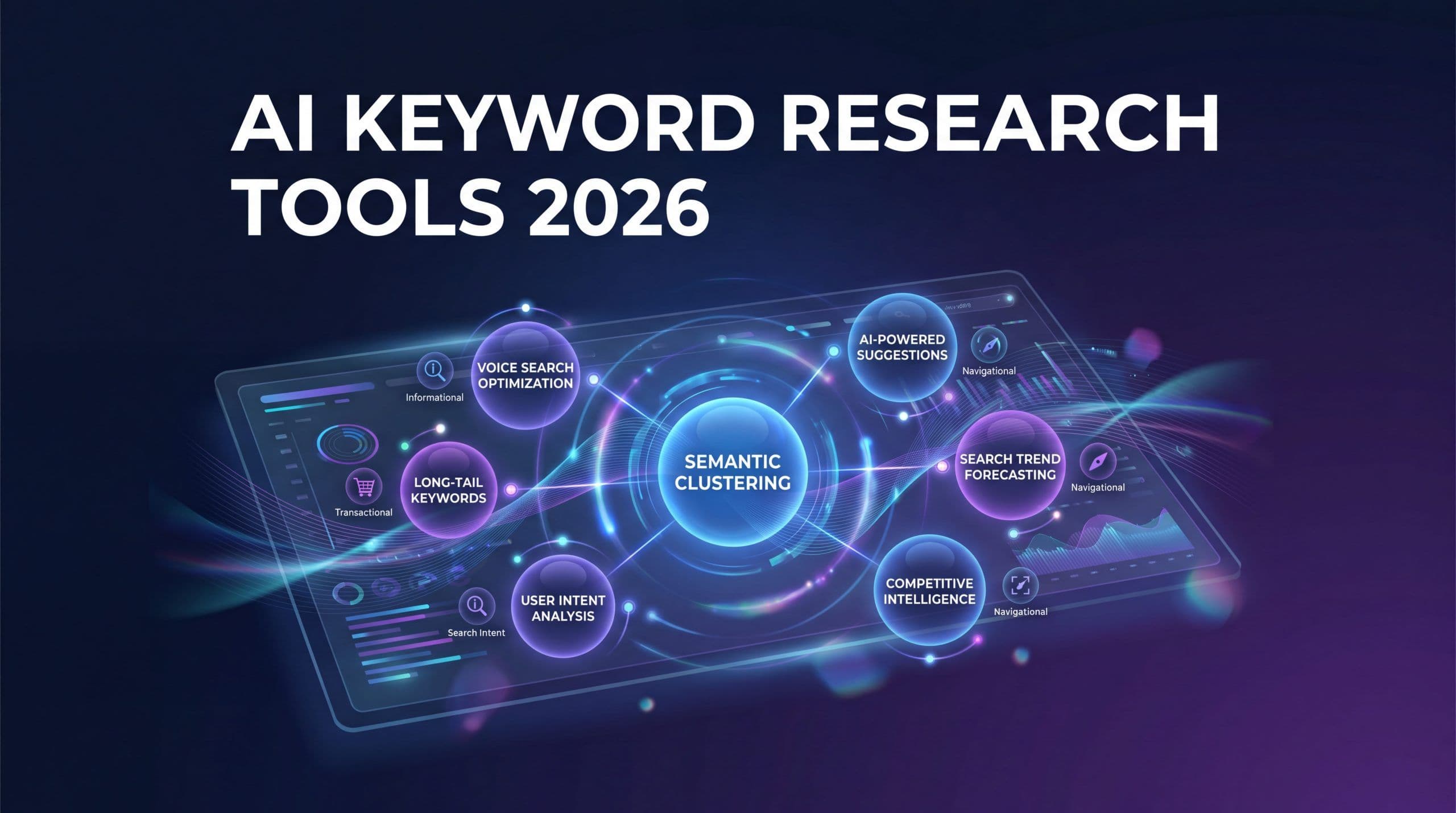 Best AI keyword research tools 2026 dashboard with semantic clustering, search intent mapping, and AI search visibility tracking on a dark navy and blue gradient background
