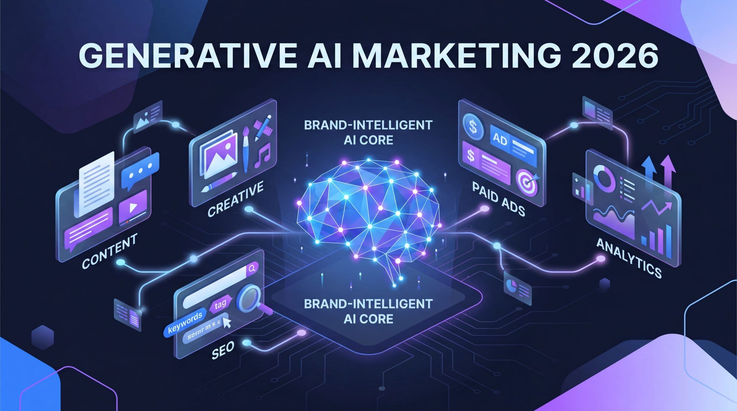 Generative AI marketing concept showing unified brand-intelligent platform replacing fragmented marketing tools