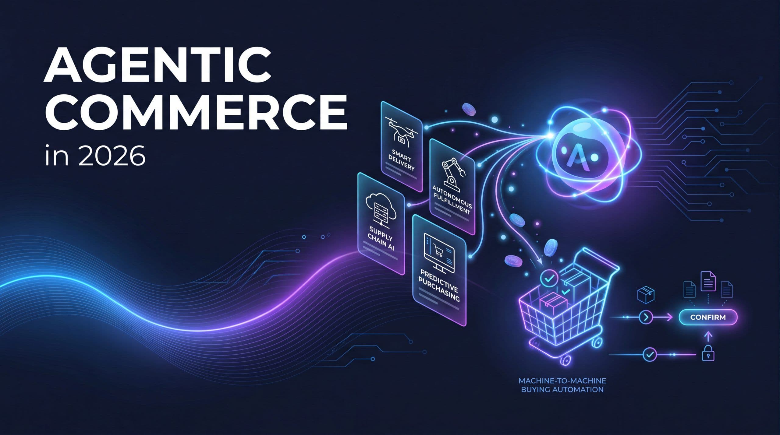 Agentic commerce 2026 concept showing an AI shopping agent buying products on a shopper's behalf