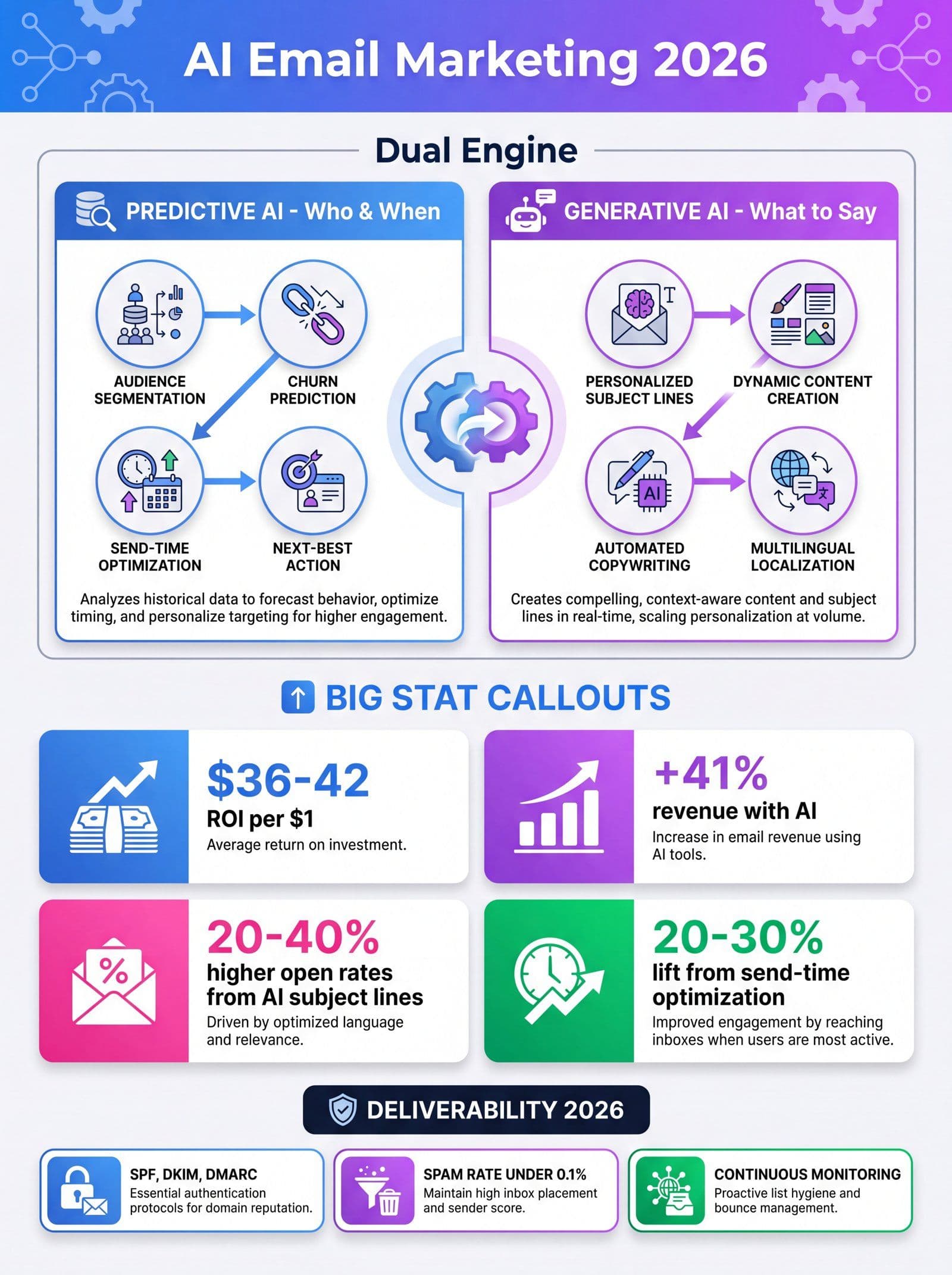 Infographic showing the dual-engine AI email marketing model with predictive AI and generative AI functions and 2026 performance benchmarks