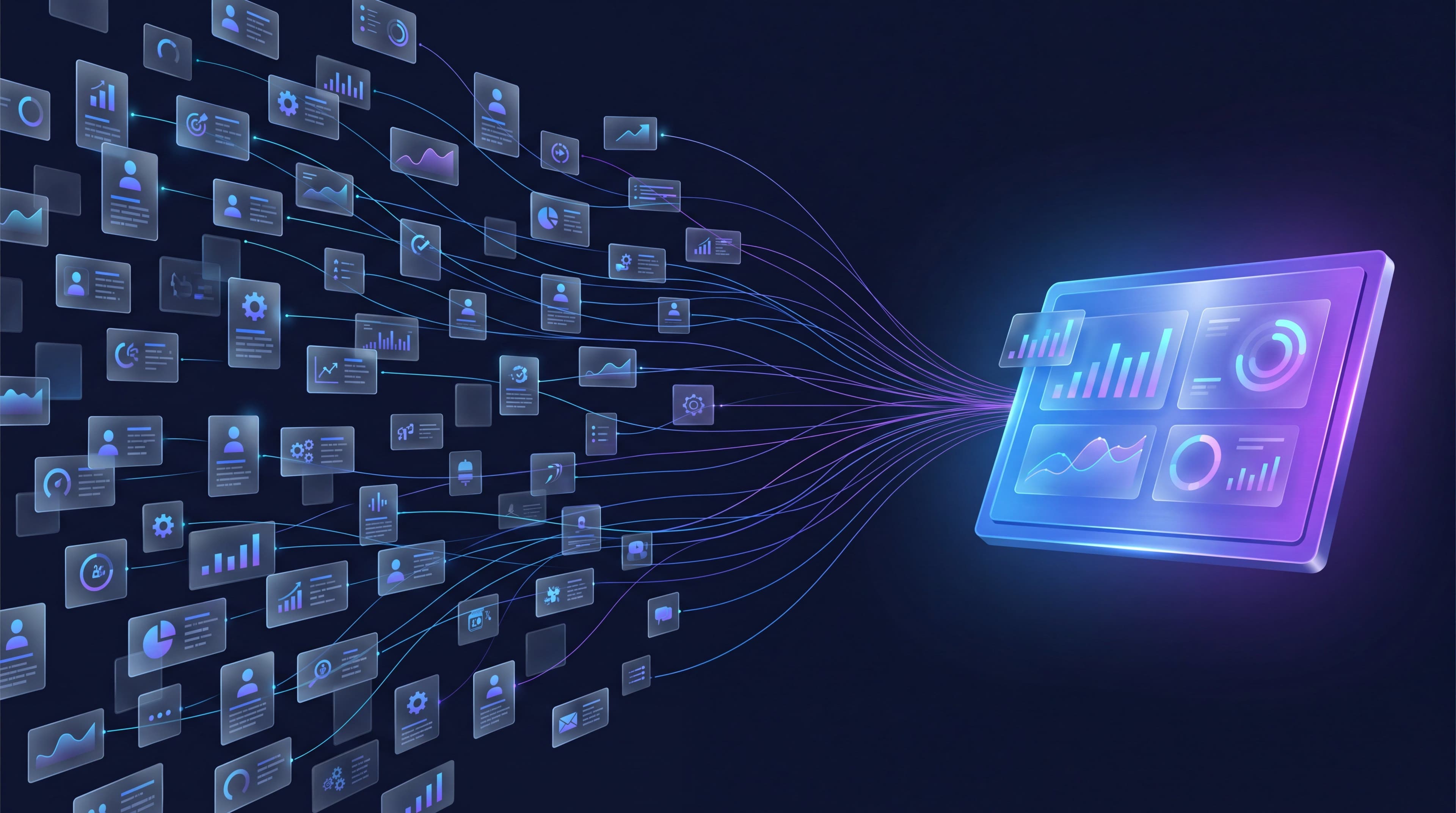 LinkedIn ads management in 2026 concept showing a dark navy dashboard of professional audience cards and campaign performance panels converging into a single glowing blue and purple control layer, illustrating how AI campaign types absorbed targeting and bidding decisions