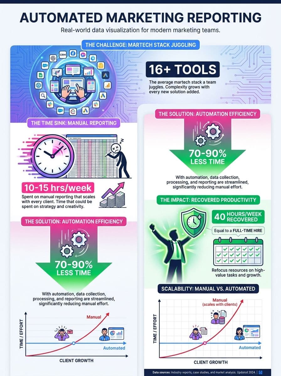 Infographic showing how automated marketing reporting reduces time spent, consolidates 16 plus tools, and recovers a full-time employee of capacity