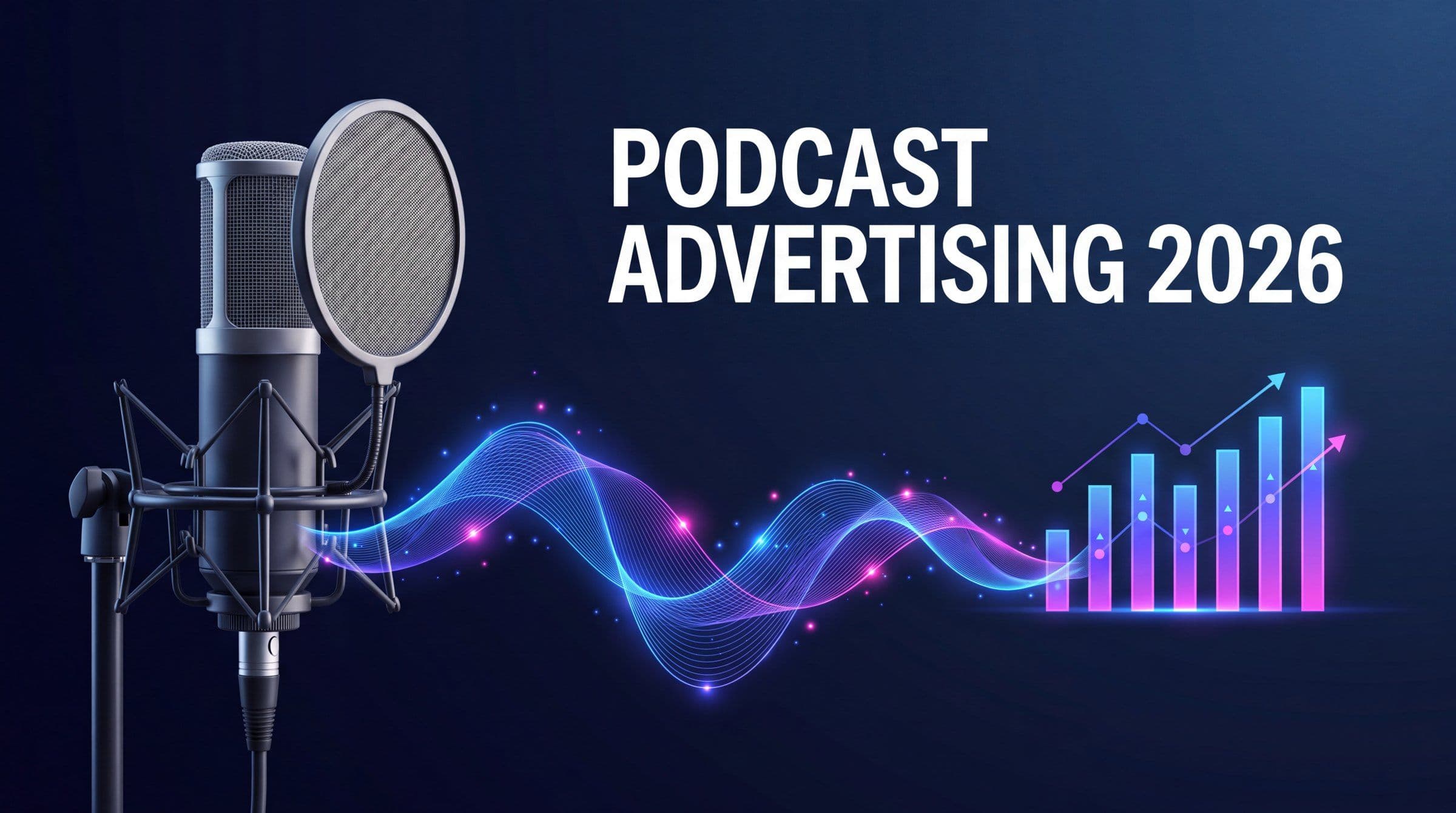 Podcast advertising in 2026 blog header showing a studio microphone and audio waveform with campaign performance data in blue and purple brand gradient