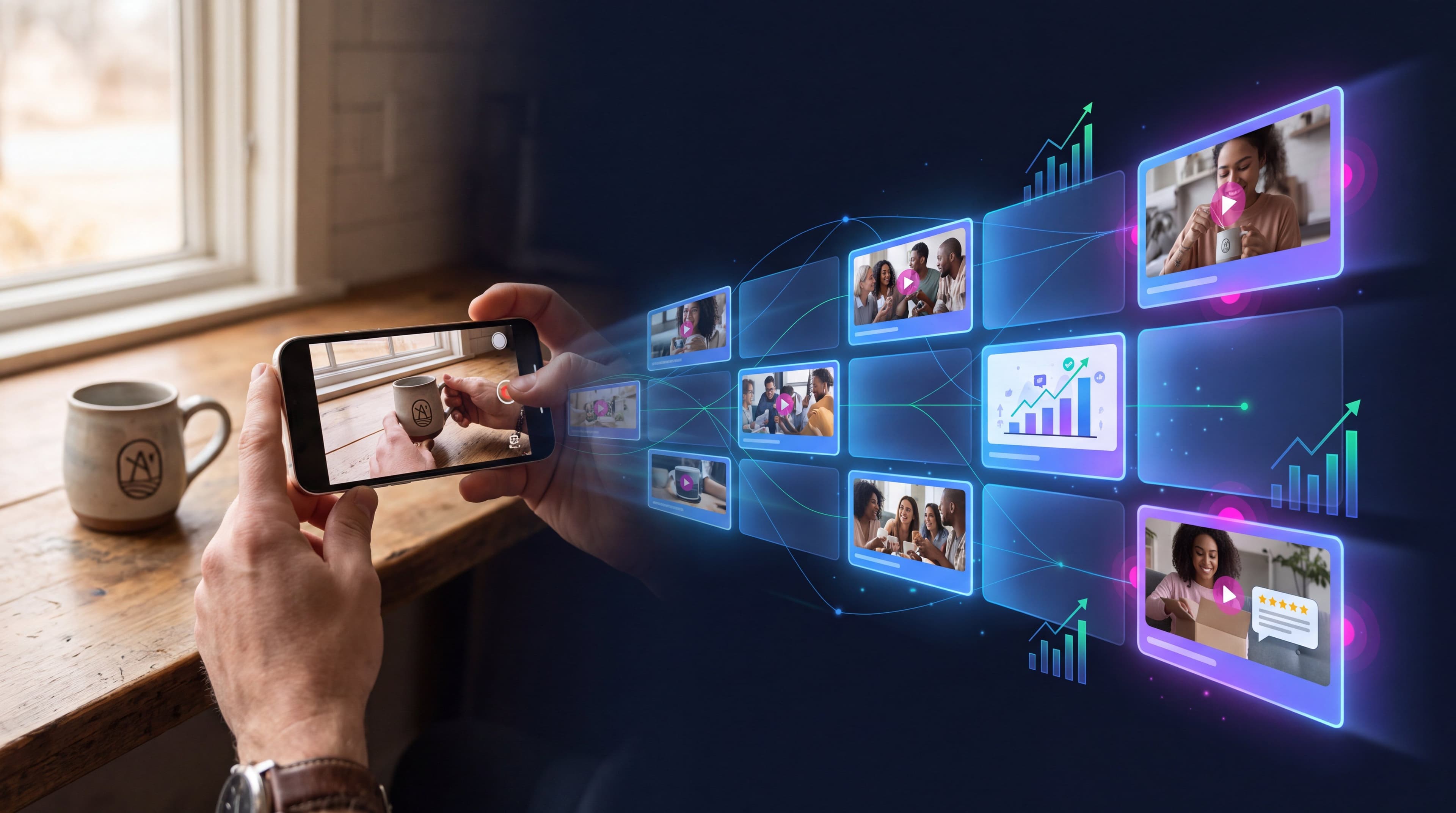 User-generated content marketing in 2026 concept showing customer-filmed product videos feeding a paid social creative pipeline with performance data
