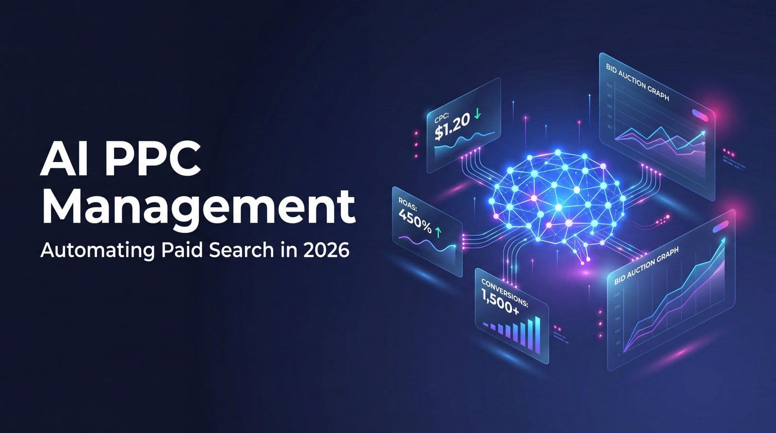 AI PPC management dashboard concept showing automated paid search optimization in MarqOps brand colors
