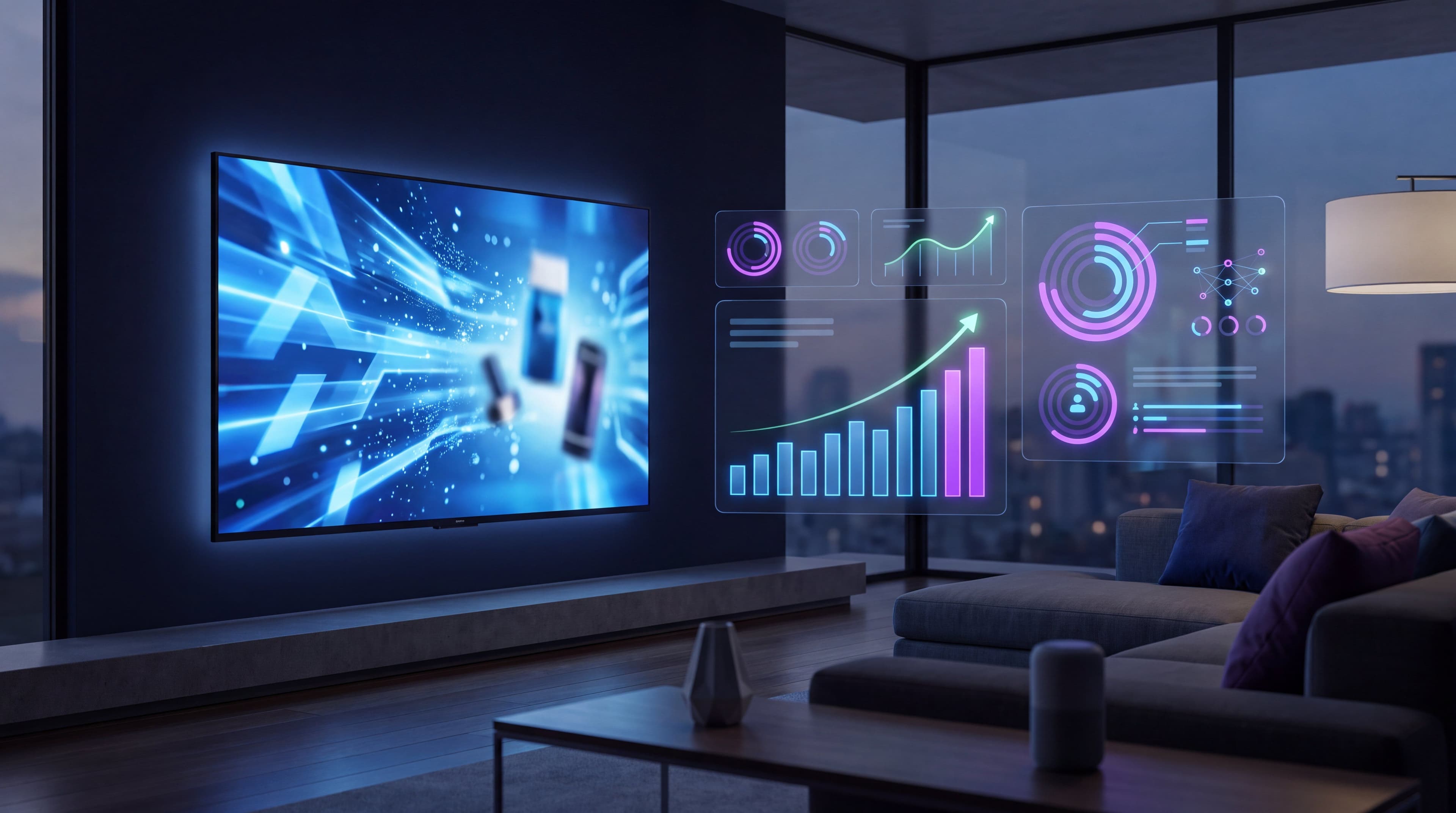 Connected TV advertising in 2026 concept showing a living room television running a streaming ad alongside campaign performance data