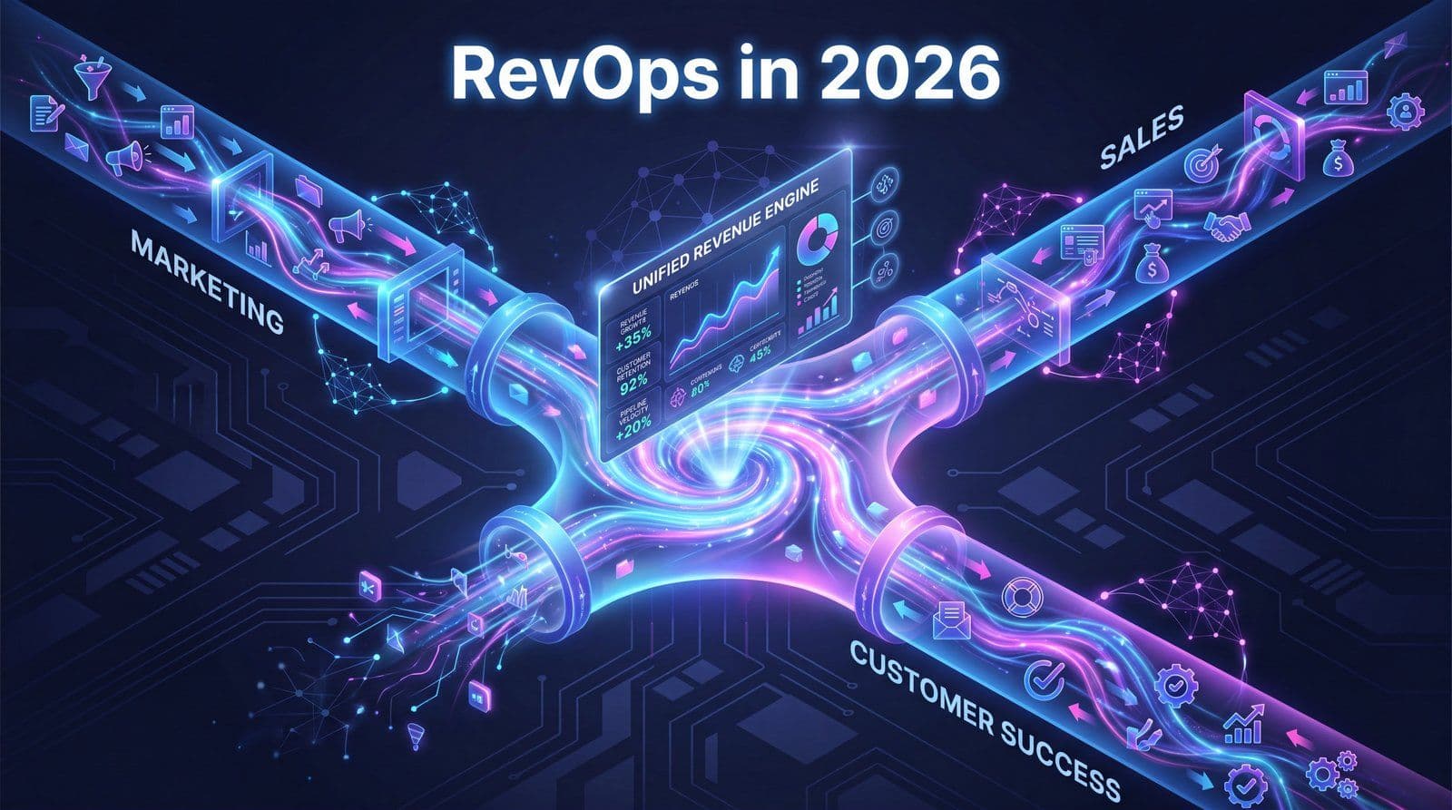 RevOps revenue operations in 2026 concept showing marketing, sales, and customer success unified into one connected revenue engine with AI