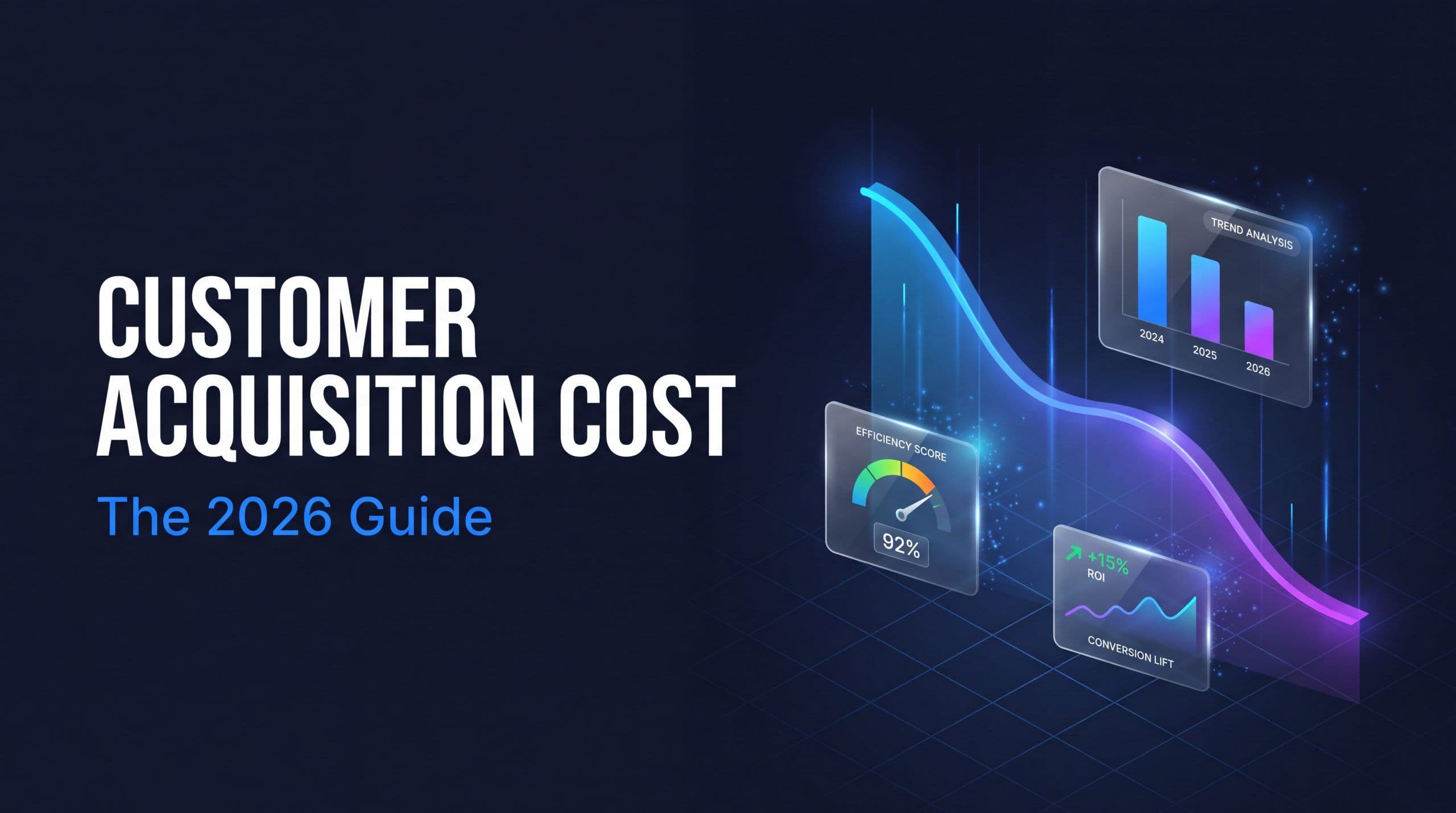 Customer Acquisition Cost 2026 guide header with a descending cost curve and marketing dashboard visualization in MarqOps brand colors