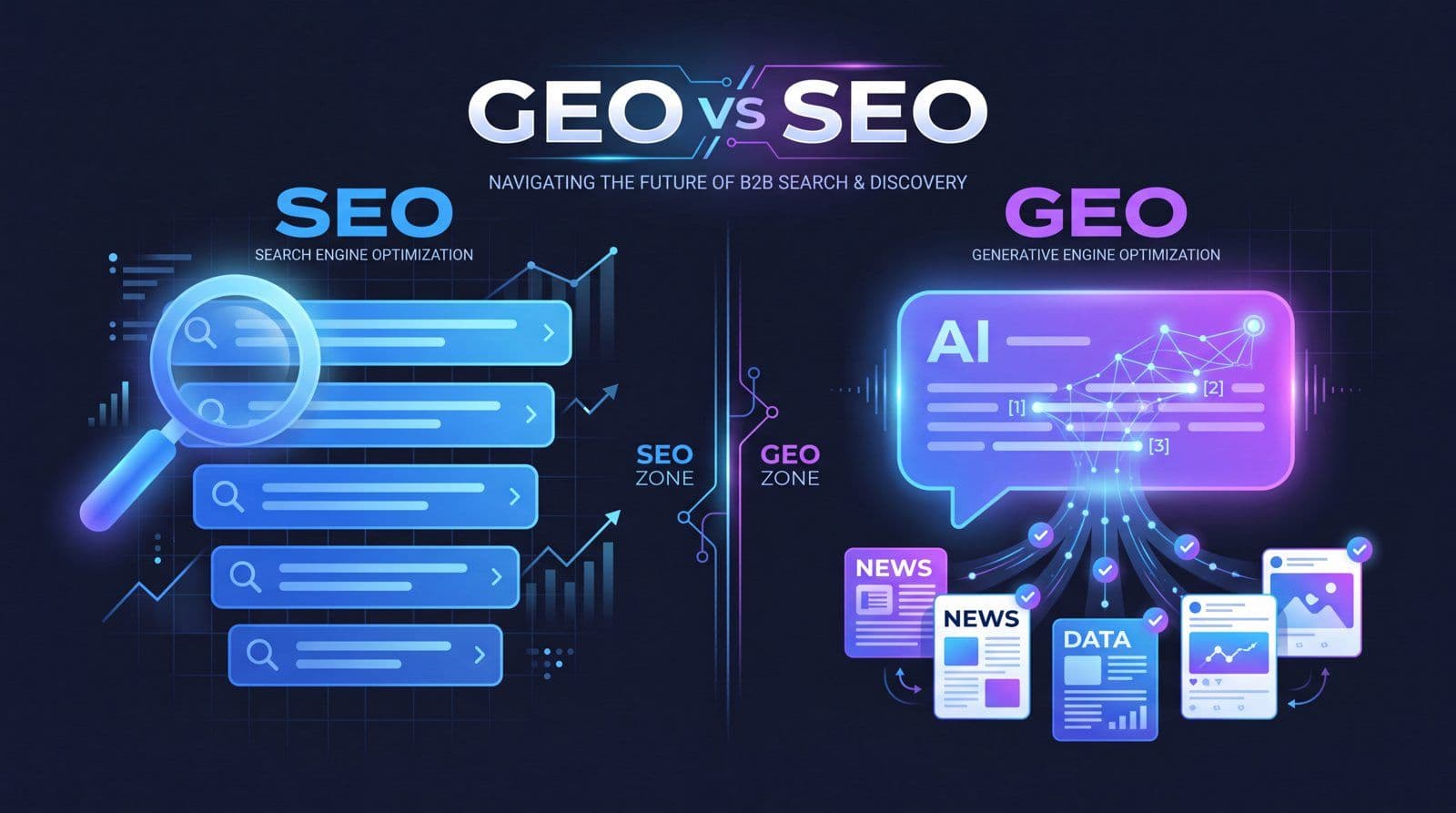 GEO vs SEO 2026 split-screen: traditional search rankings versus AI-generated answers with citations, MarqOps brand colors