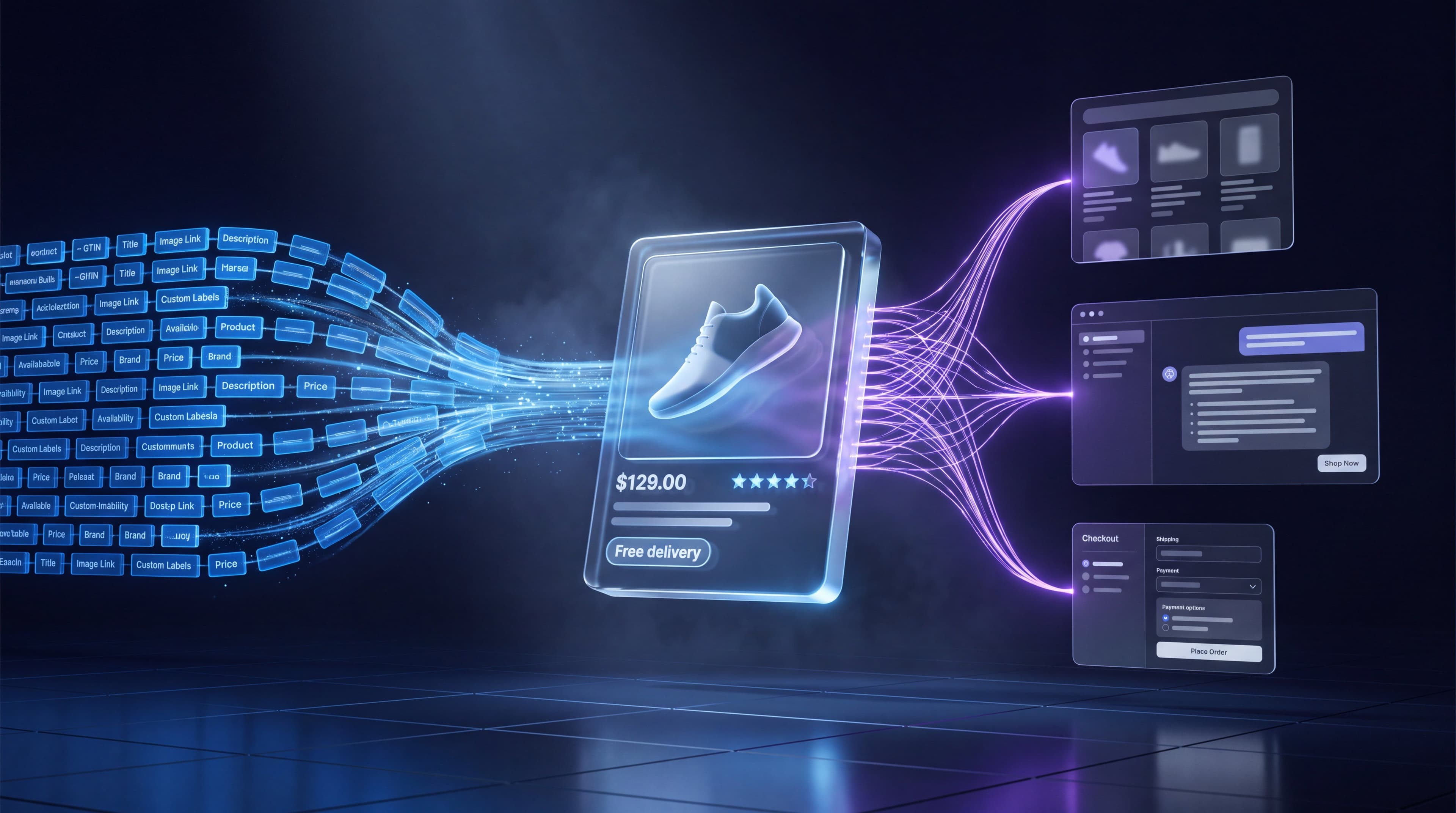 Google Shopping ads in 2026 concept showing a product data feed flowing into a product listing card and branching out to search, AI answer, and checkout surfaces