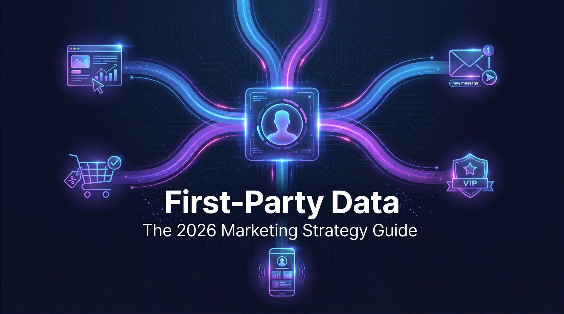 First party data marketing strategy guide 2026 with data flow visualization in MarqOps brand colors