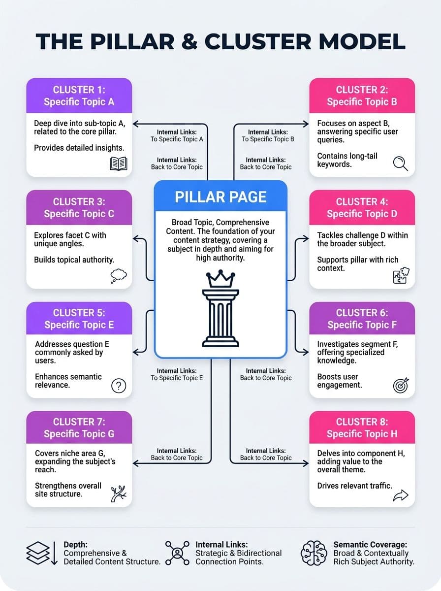 Diagram of the pillar and cluster model for building topical authority, showing a central pillar page linked to surrounding cluster articles