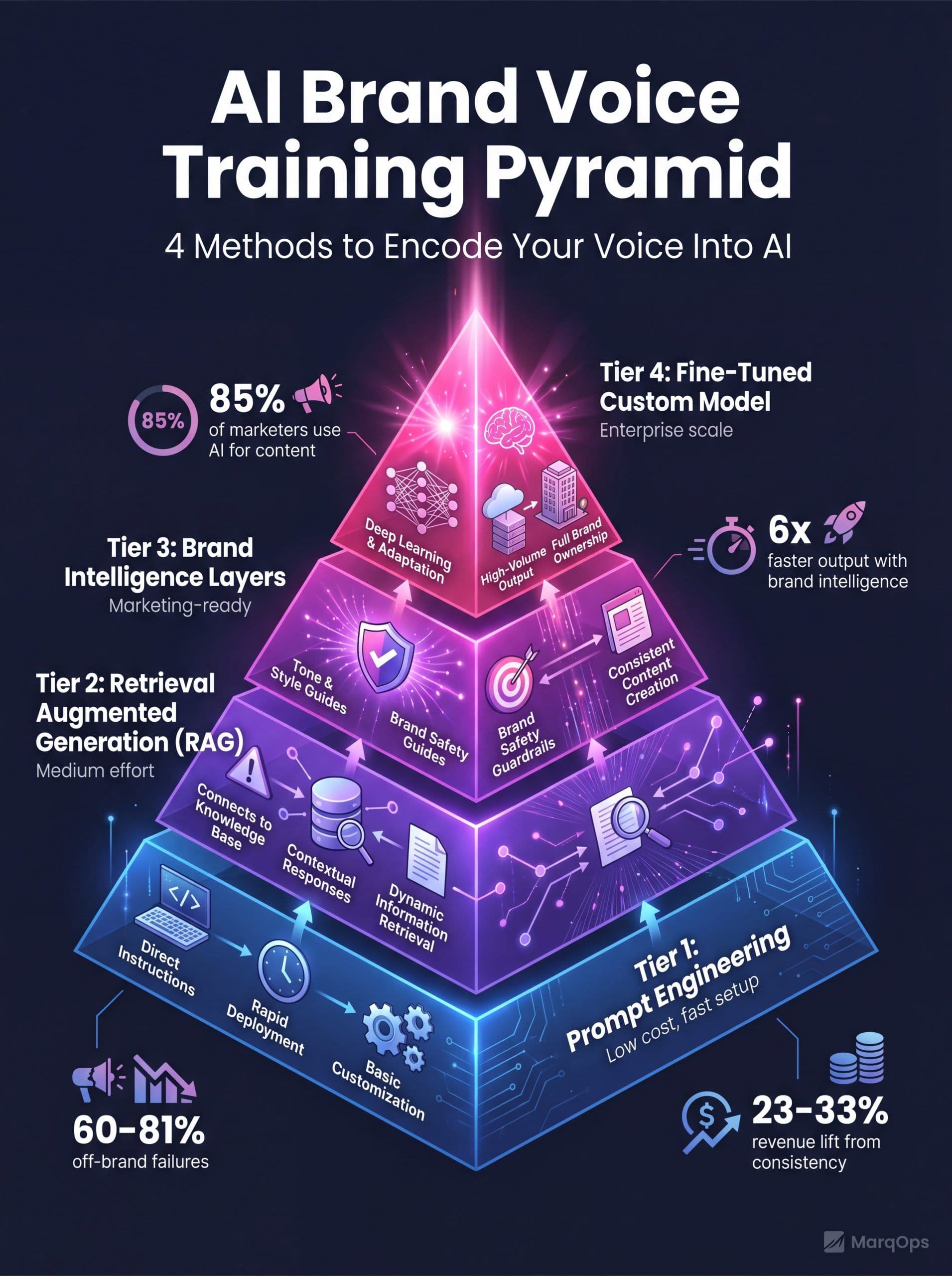 AI Brand Voice Pyramid: Four methods to train AI on brand voice, from prompt engineering to fine-tuning