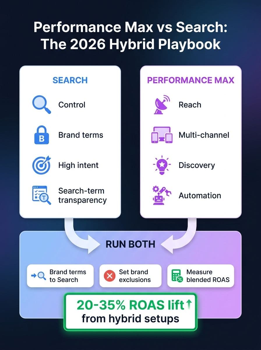 Performance Max vs Search Campaigns hybrid strategy infographic