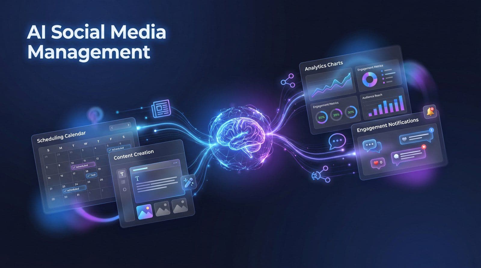 AI-powered social media management dashboard concept with MarqOps brand colors showing content, scheduling, and analytics